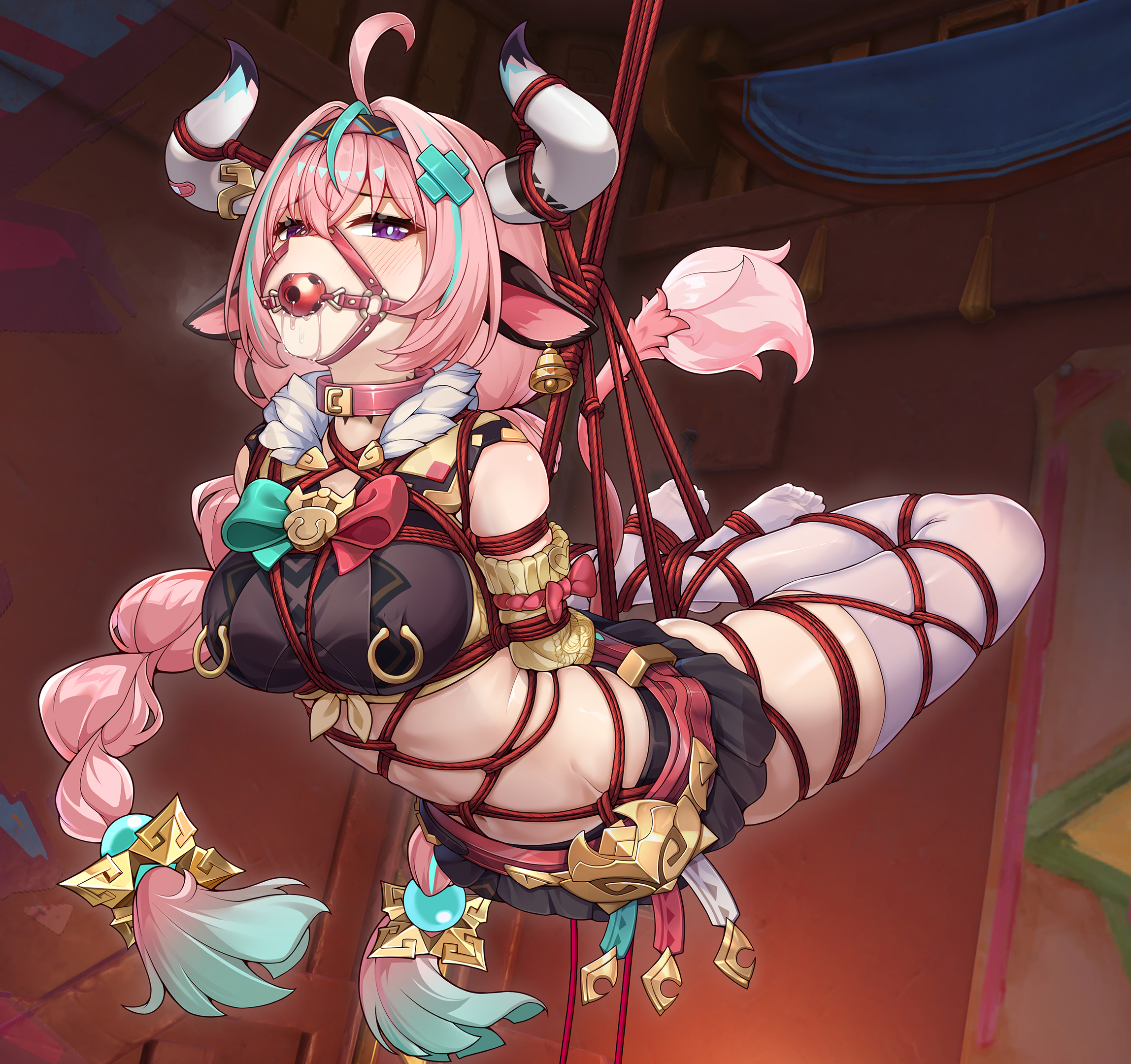 arms behind back, ball gag, blue hair, bondage, collar, cow ears, cow girl, feet, female, gag, gagged, genshin impact, gradient hair, horn, kemonomimi, long hair, nah, natlan girls, nipple piercing, nipple rings, nipples, piercing, pink hair, purple eyes, rope, rope bondage, saliva, skirt, suspension, thighhighs, twintails, varesa (genshin impact), white legwear, yiduan zhu