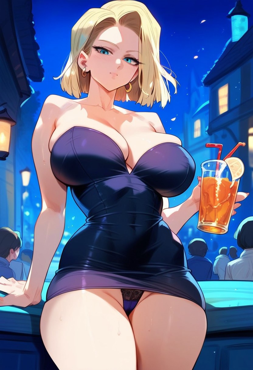 2d ai_generated android_18 big_breasts black_panties blonde_hair dragon_ball dragon_ball_z dress drink female female_focus juice medium_hair night panties pantyshot short_dress short_hair tagme