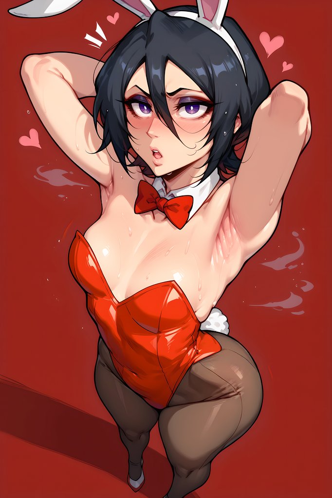 ai_generated armpits arms_up athletic_female bare_thighs black_hair bleach blush bunny_ears bunny_girl bunny_tail bunnysuit huge_thighs kuchiki_rukia light-skinned_female light_skin looking_at_viewer medium_breasts open_mouth purple_eyes rabbit_ears short_hair shounen_jump solo_female squatting sweat sweatdrop thick_thighs thighs voluptuous voluptuous_female yashugai