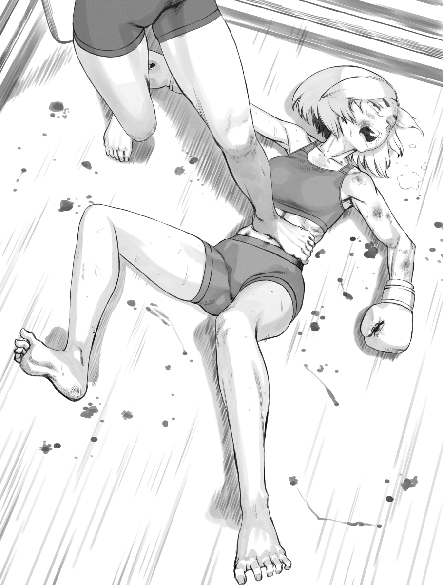 2girls barefoot boxing catfight commission defeat defeated femdom highres humiliated humiliation humiliation_fetish multiple_girls original pixiv_commission punching rggr ryona soles stomach_punch tagme