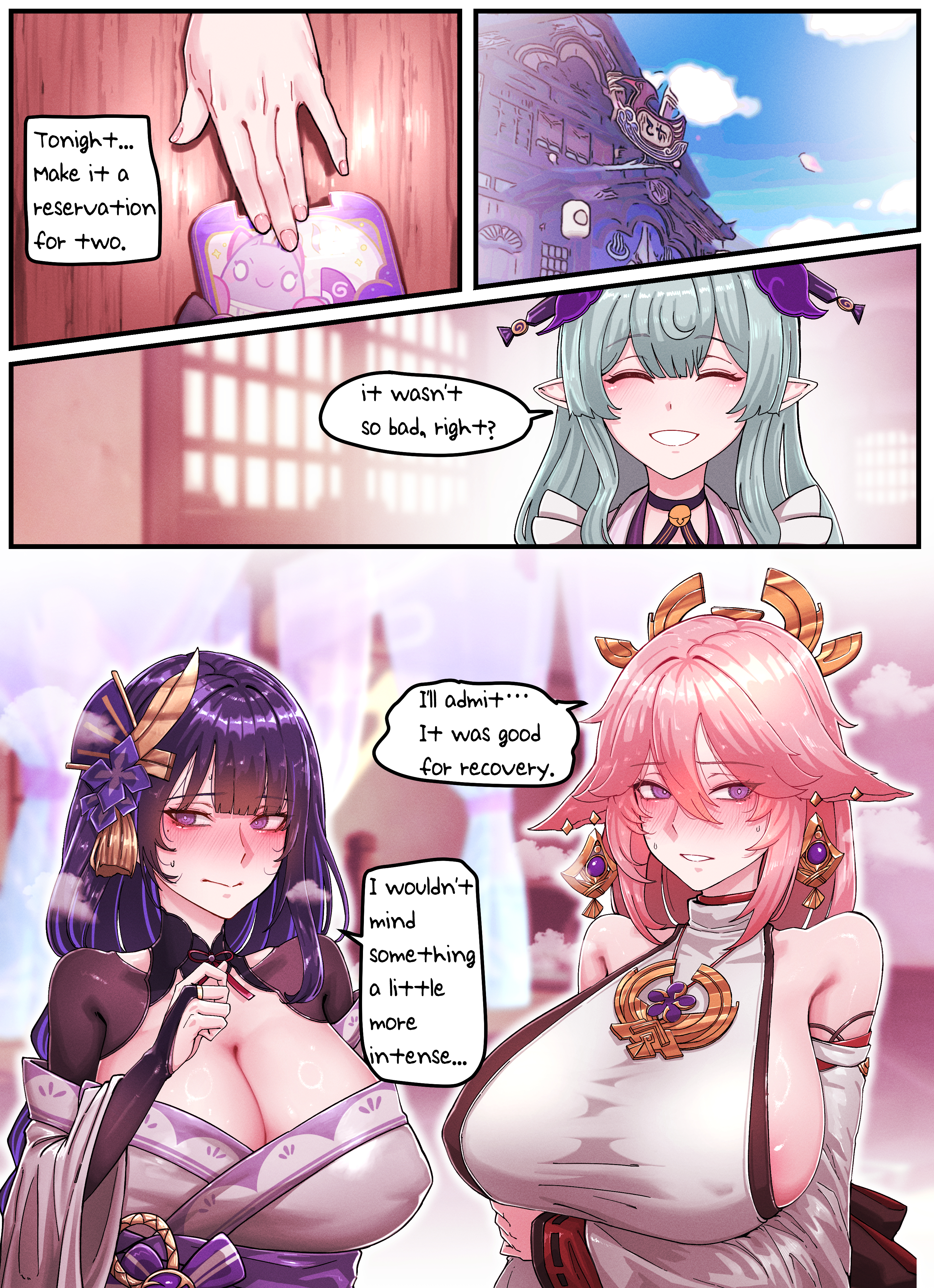 3girls, absurdres, alternate breast size, aqua hair, areola slip, armpits, bare shoulders, blush, bow-shaped hair, breasts, bridal gauntlets, cleavage, comic, constricted pupils, detached sleeves, emphasis lines, female, genshin impact, hair between eyes, hair ornament, highres, horori (halloweenday309), huge breasts, inazuma girls, japanese clothes, kimono, long hair, looking at another, mole, mole under eye, multiple females, multiple girls, nontraditional miko, paid reward available, pink hair, purple eyes, purple hair, raiden shogun, shiny skin, shrug (clothing), sideboob, smile, tongue, tongue out, translated, very long hair, yae miko, yumemizuki mizuki