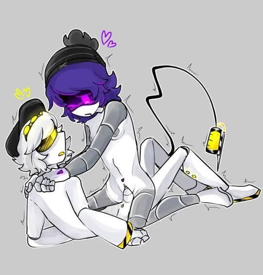 female, male, murder drones, n (murder drones), nude, penis, purple eyes, purple hair, pussy, riding penis, robot boy, robot girl, straight, uzi (murder drones), vaginal sex, white hair, yellow eyes