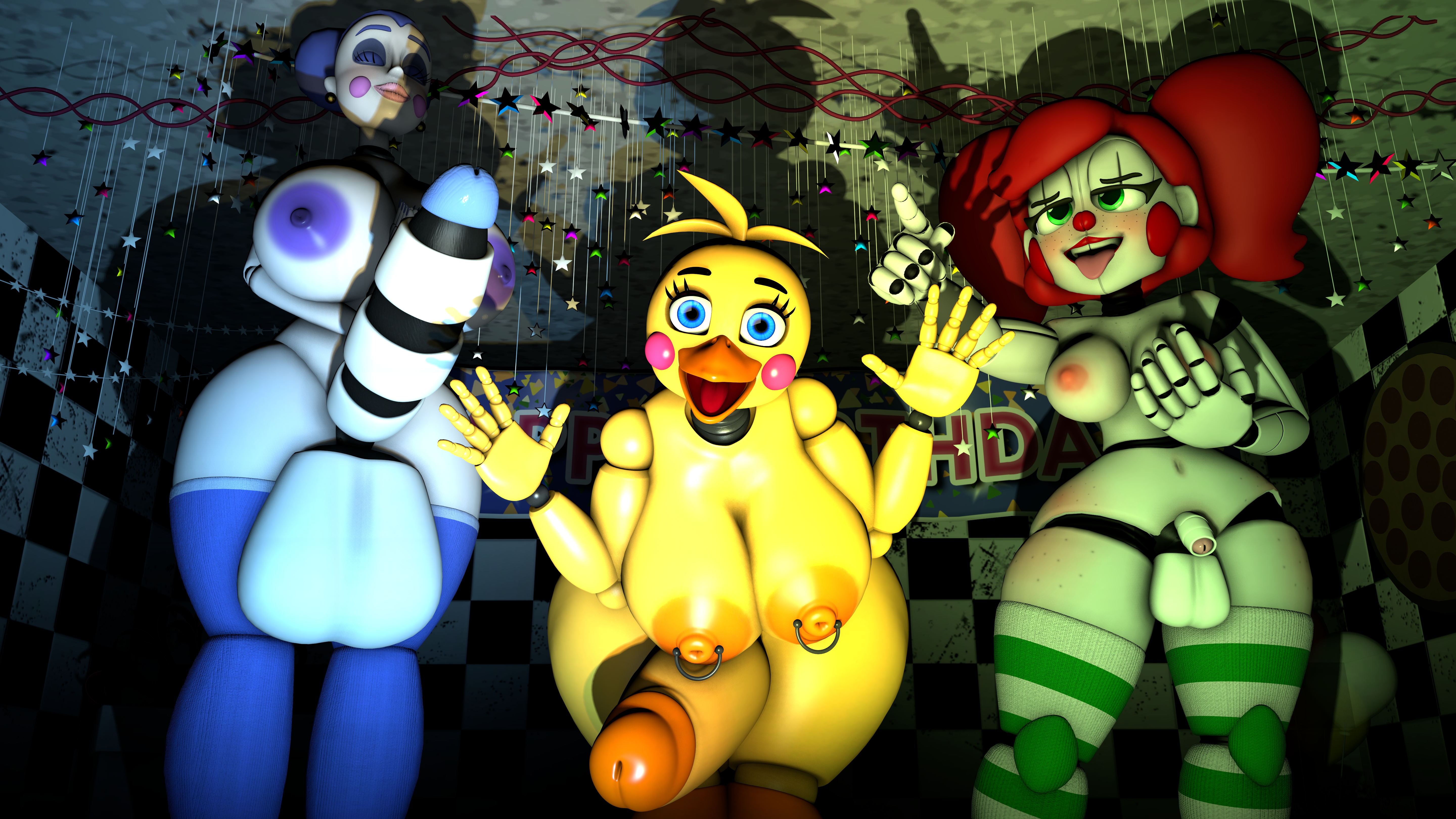 3d, 3futas, alternate version available, animatronic, animatronic female, animatronic suit, areolae, ass, au, baby (fnafsl), ballora, ballora (fnafsl), ballora (spiderjunior10), balls, balls bigger than penis, beak, big ass, big breasts, big cock, big cocks, big dick, big penis, blue eyes, blush, breasts, circus baby (fnaf), closed eyes, erect futa, erect penis, erection, exposed, exposed breasts, exposed nipples, exposed pussy, exposed vagina, fat cock, female, five nights at freddy's, five nights at freddy's 2, five nights at freddy's: sister location, flaccid, freckles, freckles on face, freckles on thighs, futa only, futa sans pussy, futanari, genitals, green eyes, happy, heart-shaped pupils, huge balls, huge breasts, intersex, large areolae, large penis, lipstick, long socks, masked, mechanical penis, naked, naked female, penis, piercing nipples, pircing, provocative, purpleyblack, pussy, pussy blush, red hair, red lipstick, runaboo chica, scenery, sfm, show, show stage, slim waist, small penis, small penis futa, smile, socks, source filmmaker, stage, striped socks, summer of 87 baby, taller female, thick, thick ass, thick penis, thick thighs, tiny penis, tongue, tongue out, toy chica (fnaf), trio female, twintails, uncensored, uncensored breasts, uncensored nipples, uncensored penis, white body, white skin, yellow body, yellow skin