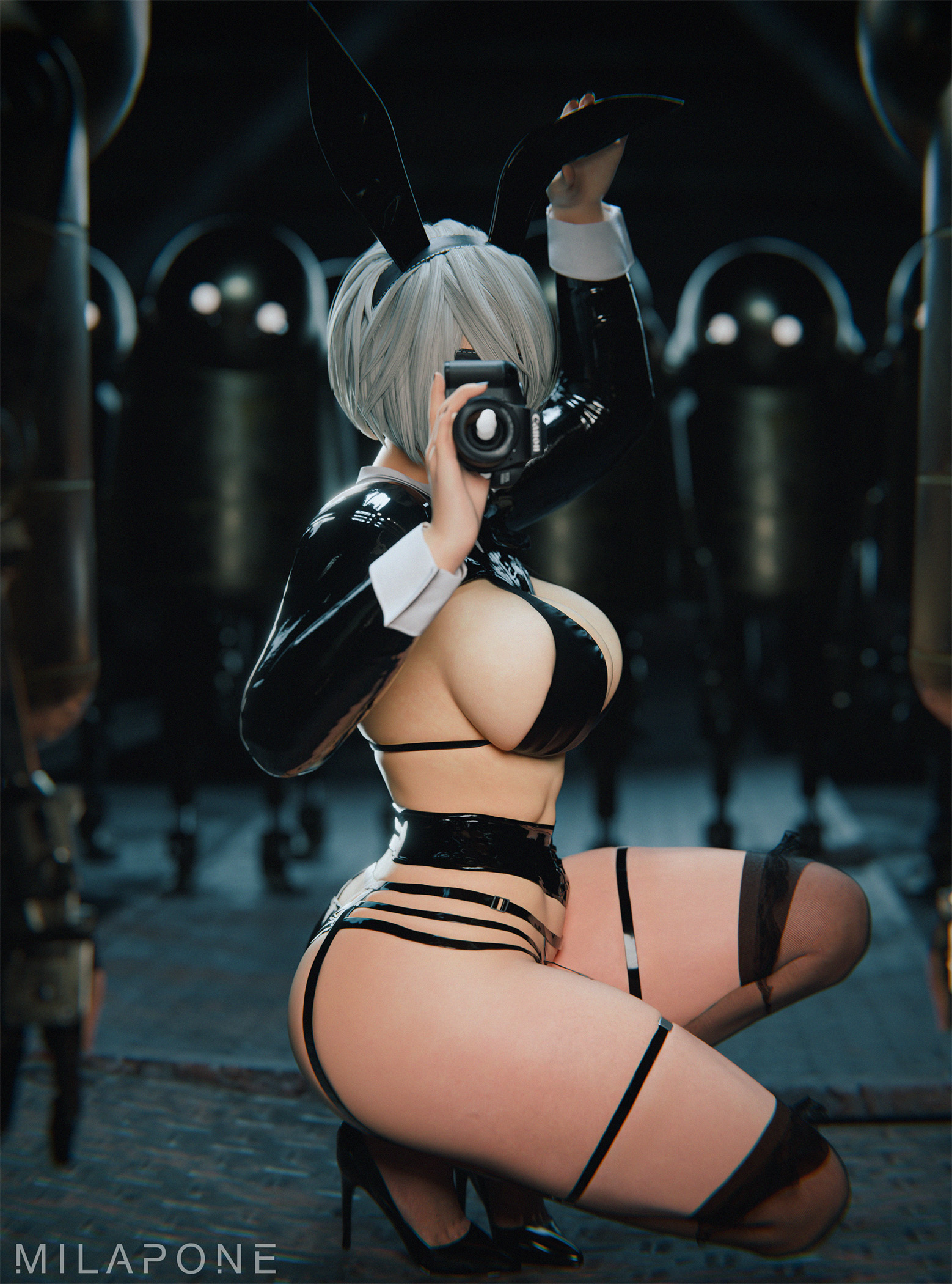 1girls, ass, big breasts, bunny ears, bunnysuit, camera, curvy, curvy female, curvy figure, female, female focus, female only, heels, high heels, large ass, large breasts, light skin, light-skinned female, machine lifeform, milapone, nier: automata, short hair, solo, solo female, thick thighs, thighhighs, thighs, white hair, yorha 2b
