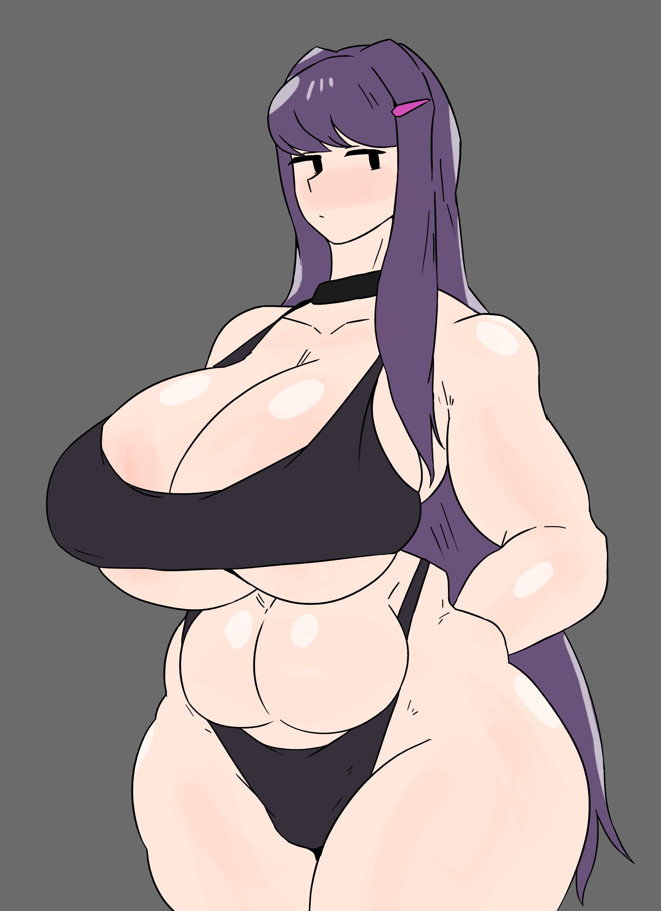 1girls, 925kyohei, black choker, black sports bra, black thong, breasts, breasts bigger than head, choker, doki doki literature club, female, huge breasts, kunaboto (style), purple hair, solo, sports bra, sportswear, thong, venus body, yuri (doki doki literature club)