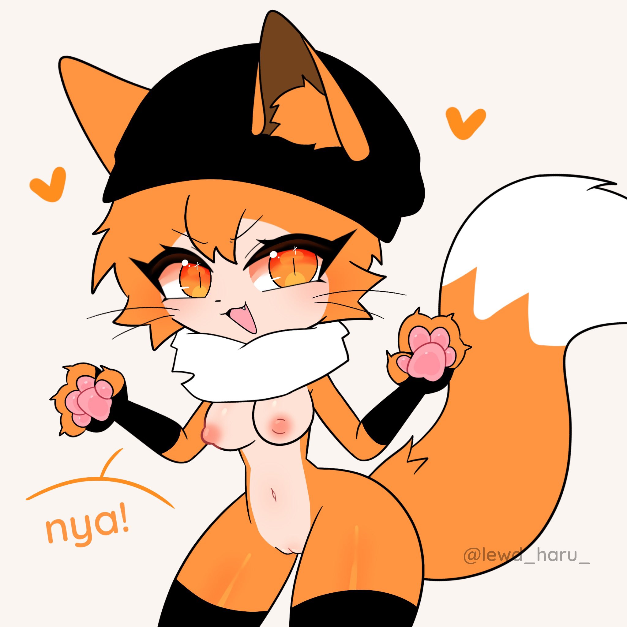breasts, breasts out, female, fox ears, fox girl, fox tail, gacha, hearts around head, lewd haru (artist), paws, small breasts, thick thighs, wide hips