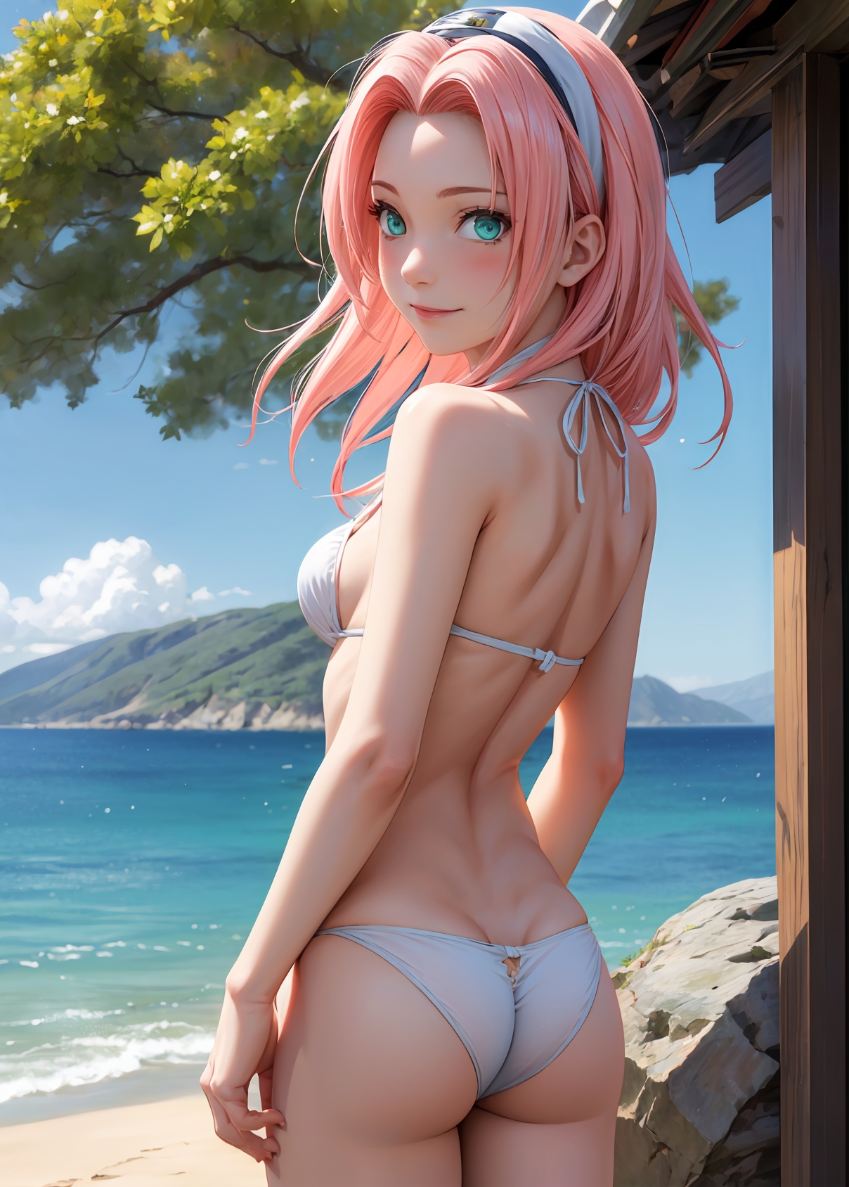 1girls, 2d, ai generated, ass, athletic, athletic female, back, bare shoulders, belly, big ass, bikini, bikini bottom, bikini top, boruto: naruto next generations, breasts, chest, curvy, curvy figure, cute, cute face, detailed, eyelashes, eyeshadow, female, female only, fit, fit female, focus, from behind, green eyes, hair band, hair ornament, high quality, legs, light skin, light-skinned female, lips, lipstick, long hair, looking at viewer, makeup, mascara, mature, medium breasts, midriff, naked, naruto, naruto (classic), naruto (series), naruto shippuden, navel, pale skin, pale-skinned female, petite, petite body, pink hair, posing, sakura haruno, sakura haruno (genin), seductive, seductive look, smile, stable diffusion, standing, tagme, thighs, thong, thong bikini, white bikini, young, younger female