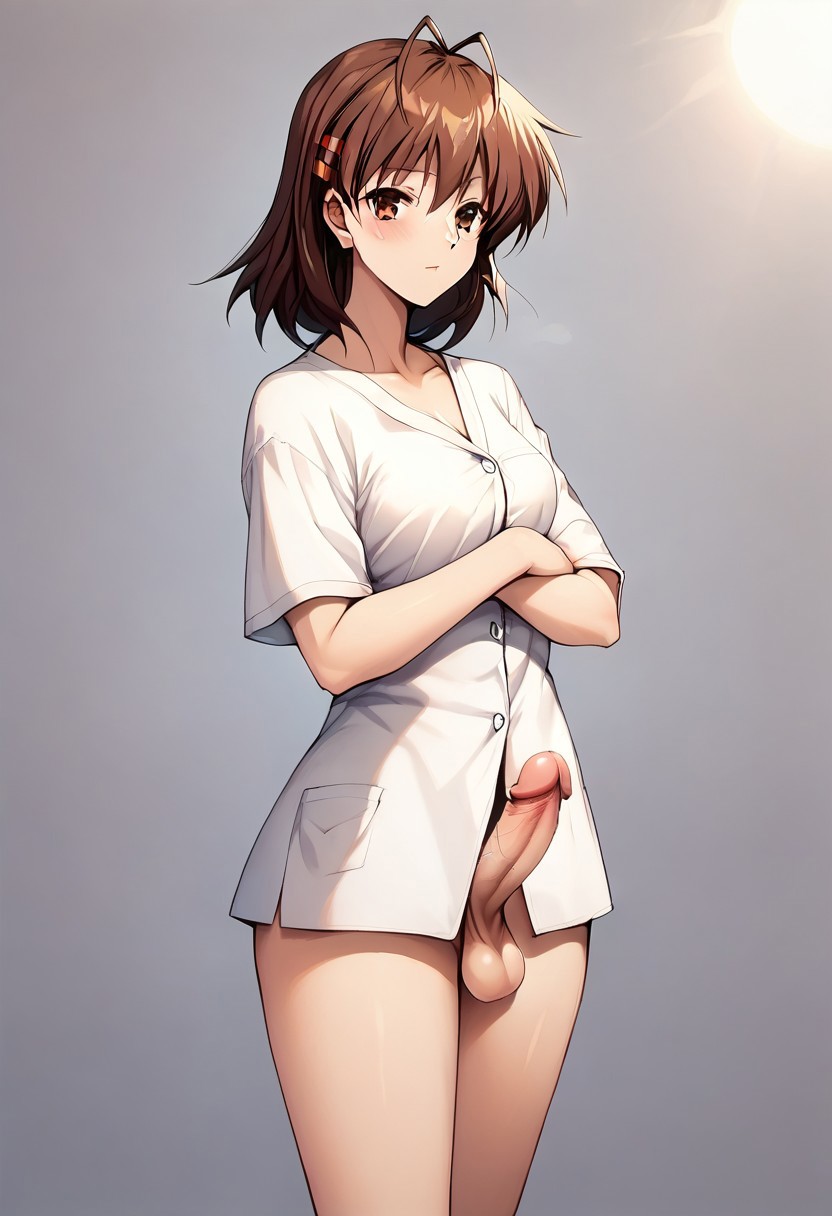 1futa 2024 ahoge ai_generated anime anime_style antenna_hair arms arms_crossed bangs big_eyes blush bottomless breasts brown_eyes brown_hair civitai clannad closed_mouth clothing collarbone covered_breasts cowboy_shot crossed_arms digital_media erect_penis erection eyebrows eyebrows_visible_through_hair fringe fringe_hair furukawa_nagisa futa_only futanari gray_background grey_background hair_accessory hair_between_eyes hair_ornament hairclip legs long_neck looking_at_viewer medium_breasts medium_hair medium_penis mouth_closed nagisa_furukawa no_pants partially_clothed partially_naked partially_nude penis penis_out pony_diffusion_xl scrotum shirt short_sleeves simple_background small_breasts solo solo_futa solo_futanari stable_diffusion standing teenage_girl teenager testicles theblueiris thighs thin thin_arms uncensored veiny_penis visible_penis white_clothes white_clothing white_shirt white_skin white_skinned_futanari