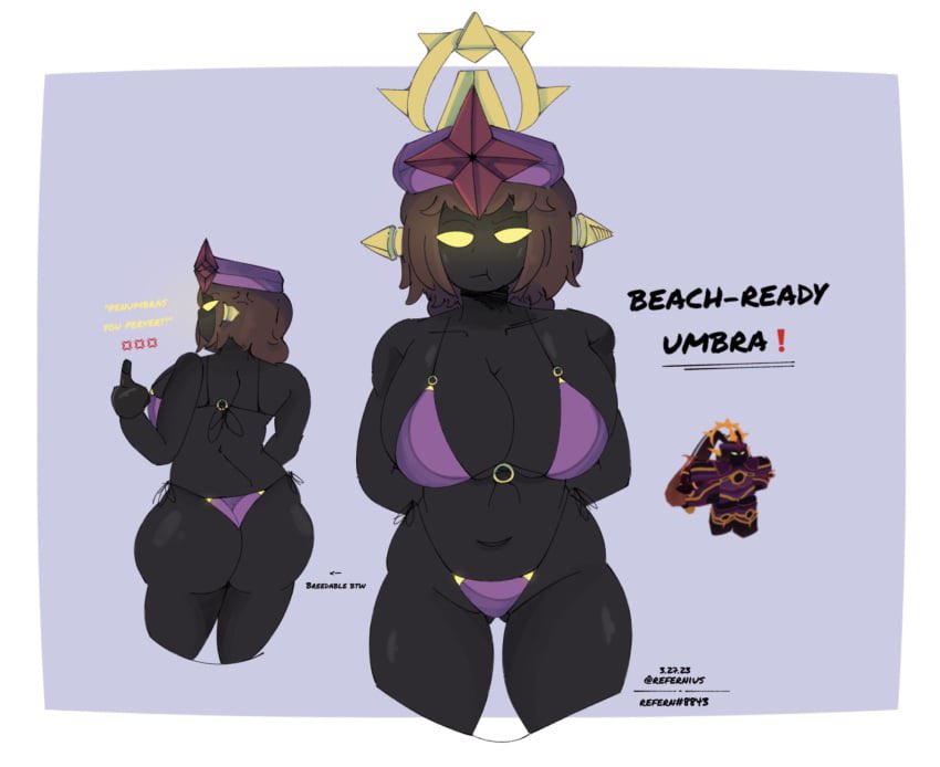 1girls 2023 2d 2d_(artwork) 2d_artwork ass bikini black_skin breasts cleavage english_text purple_bikini reference_image refernius roblox roblox_game robloxian source_request tagme text the_umbra thick_thighs thighs tower_defense_simulator twitter_username