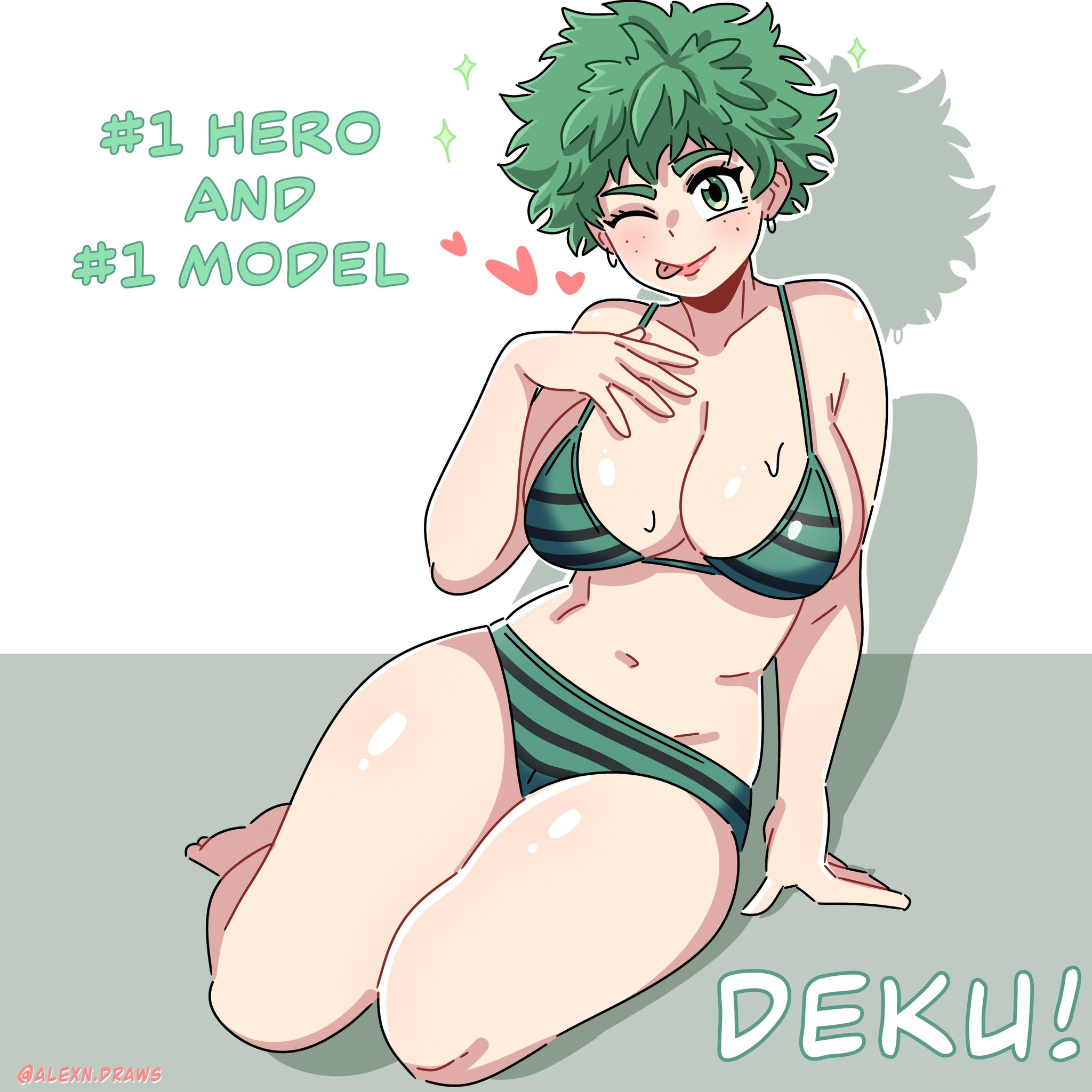 1girls, 2020s, 2025, 2025s, alexndraws, anime character, barefoot, big breasts, bikini, boku no hero academia, breasts, curvaceous figure, curves, curvy, curvy female, curvy figure, curvy hips, deku, digital drawing (artwork), digital media (artwork), female, female deku, female only, freckles, freckles on face, genderswap (mtf), green eyes, green hair, hearts around head, izuku midoriya, jpg, lying, lying on side, manga character, midoriya izuku, my hero academia, one eye closed, rule 63, shiny, shiny clothes, shiny skin, simple background, solo, solo female, very short hair, white background
