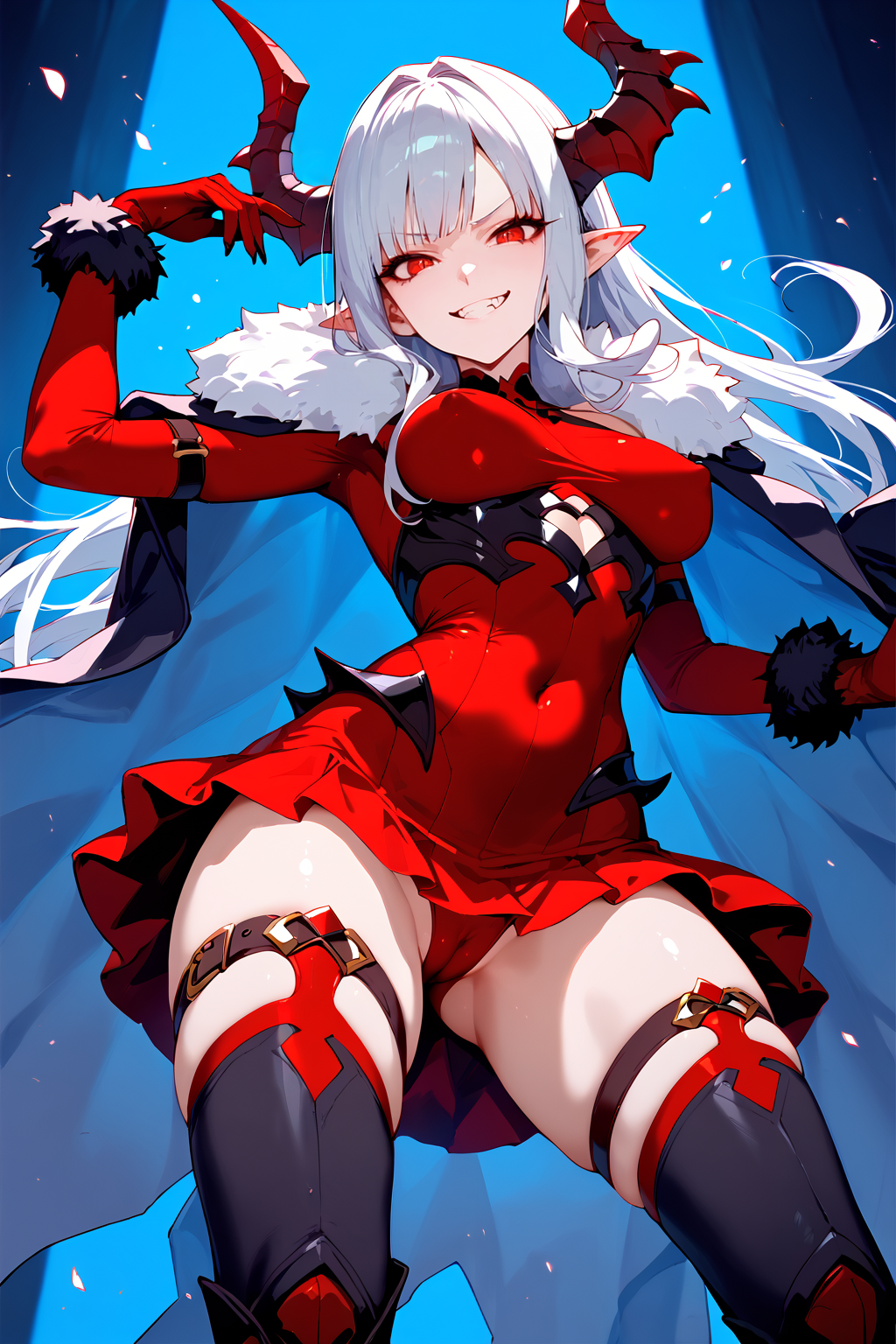 1girls ai_generated bare_thighs big_breasts cape covered_nipples demon demon_girl demonic_eyes fantasy_setting female firm_breasts from_below fur_trim fur_trim_(clothing) gloves grin grinning hard_nipples horns horny_female labia legwear long_hair long_sleeves looking_at_viewer looking_down_at_viewer navel navel_visible_through_clothes nipples_visible_through_clothing original pointy_ears pointy_teeth pussy_outline pussy_visible_through_clothes pussy_visible_through_panties red_clothes red_clothing red_eyes revealing_clothes sharp_teeth skin_tight solo solo_female stable_diffusion standing straps thick_thighs thighhighs tight_clothes tight_clothing white_hair