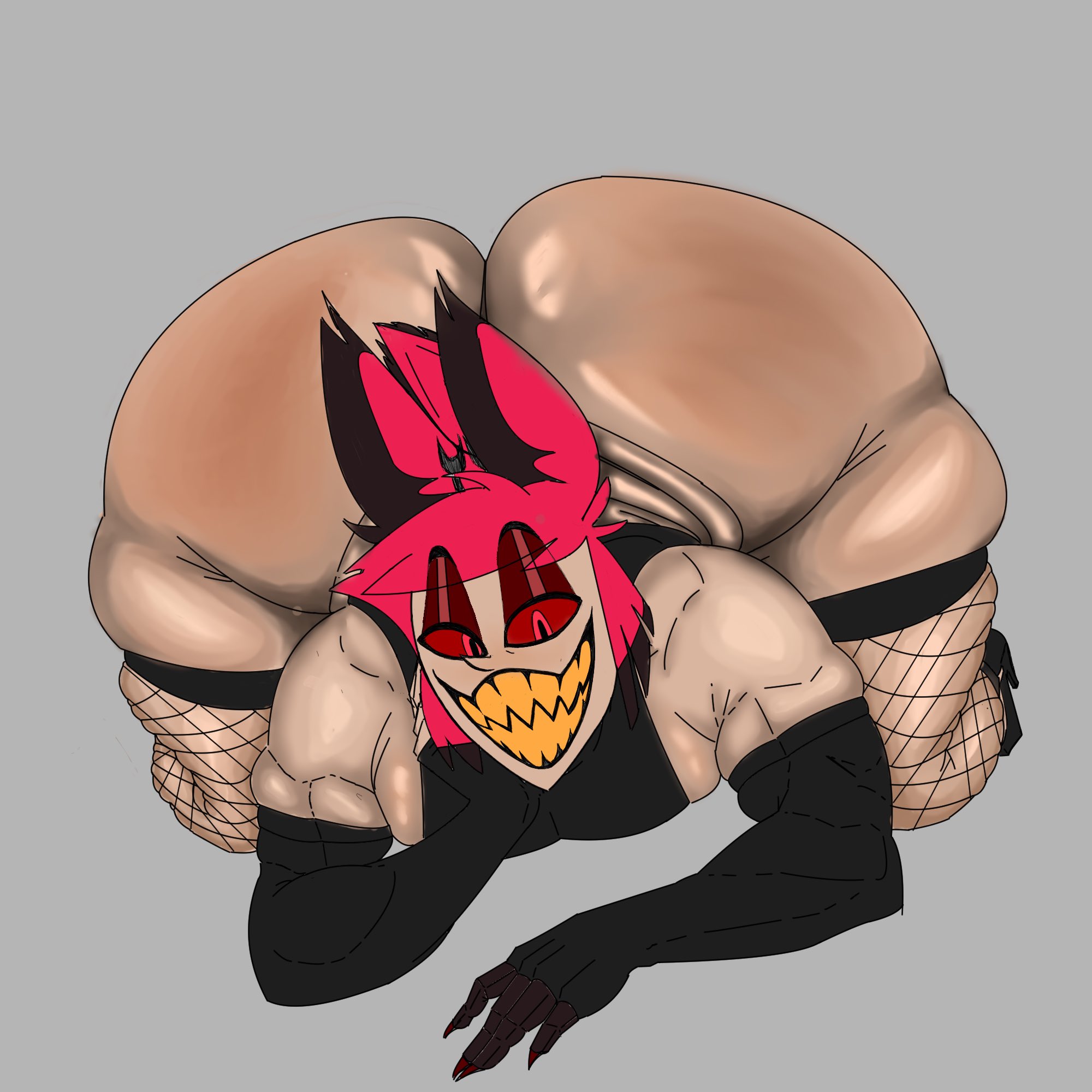 1boy, alastor (hazbin hotel), ass, big ass, big butt, crimson redddd, fat ass, fat butt, fishnets, hazbin hotel, huge ass, huge butt, laying down, laying on stomach, looking at viewer, male, male only, red eyes, red hair, solo, thick ass, thick butt