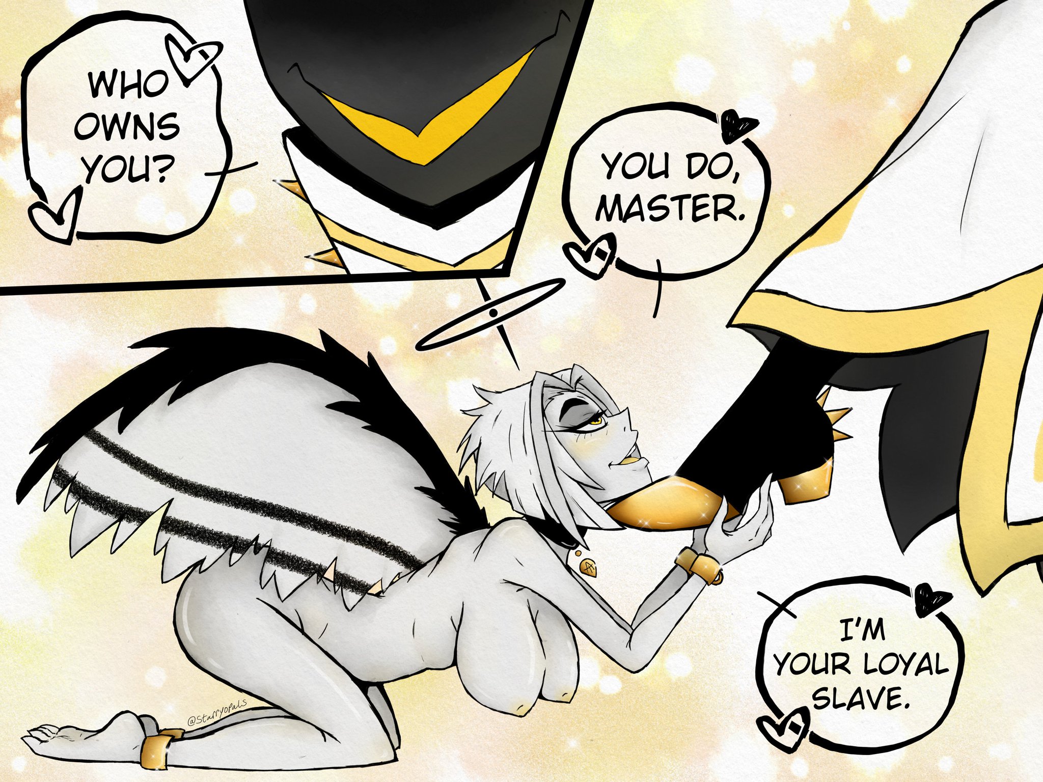 adam (hazbin hotel), angel, big breasts, boots, breasts, clothed male nude female, collar, dialogue, female, female submissive, gold, guitarspear, hazbin hotel, kneeling, kneeling female, limited color, lute (hazbin hotel), male, male dominating female, male domination, maledom/femsub, master and slave, naked female, ownership, starryopals (artist), text bubble, white hair, wings, yellow eyes