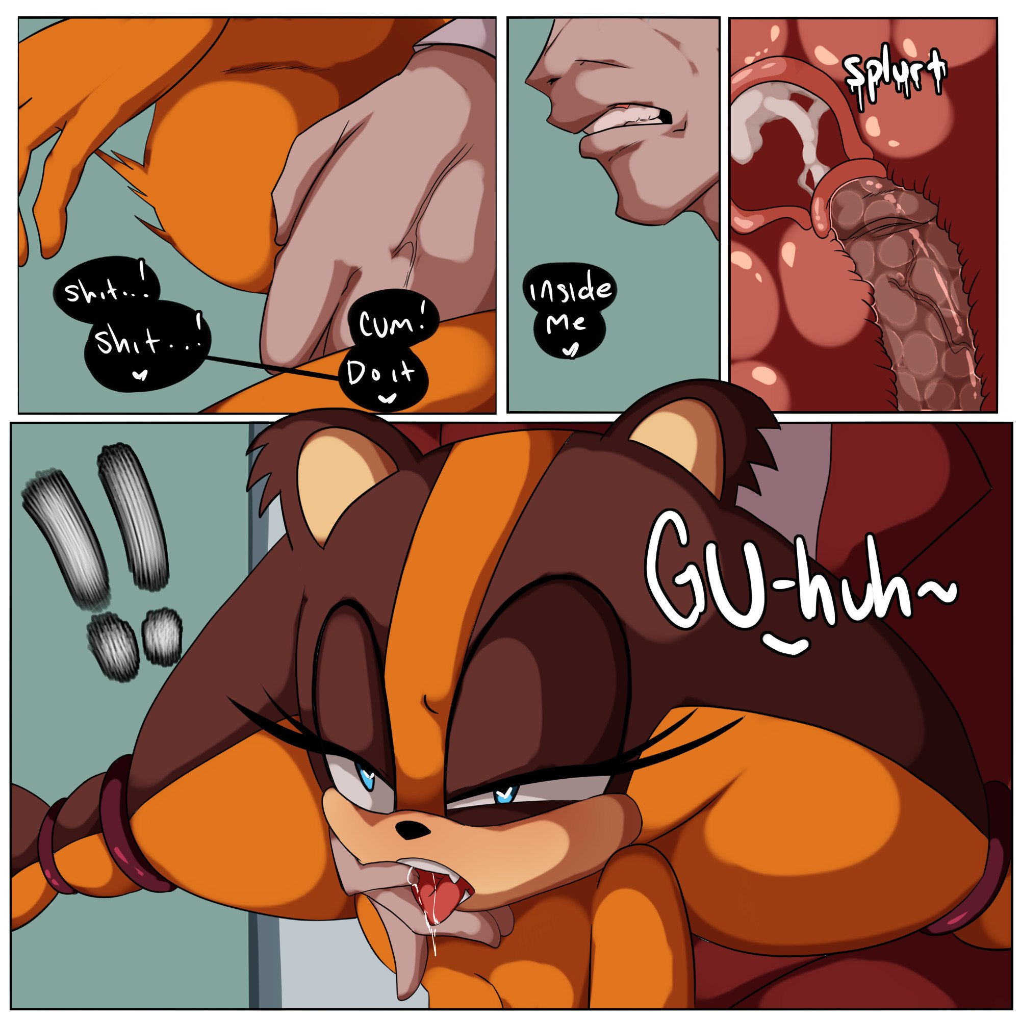 anthro, big breasts, comic, cum, cum in pussy, cum inside, dialogue, english text, female, from behind, heart-shaped pupils, human, inuyuru, male, nude, nude female, sonic (series), sonic boom, sonic the hedgehog (series), sticks the badger, thick thighs, vaginal penetration, video games