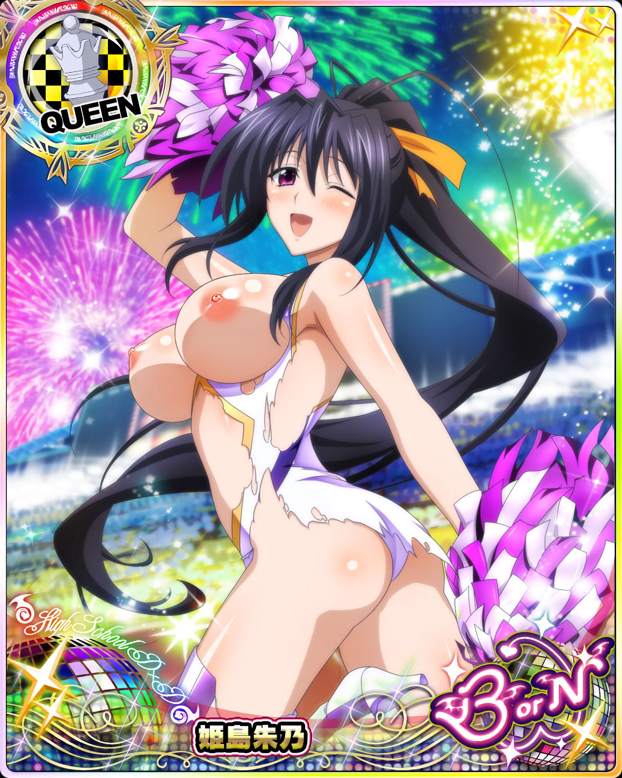 1girls, akeno himejima, black hair, breasts, breasts out, card (medium), cartoony, cheerleader uniform, female, female only, fireworks, high school dxd, large breasts, photoshop, purple eyes, solo, torn clothes