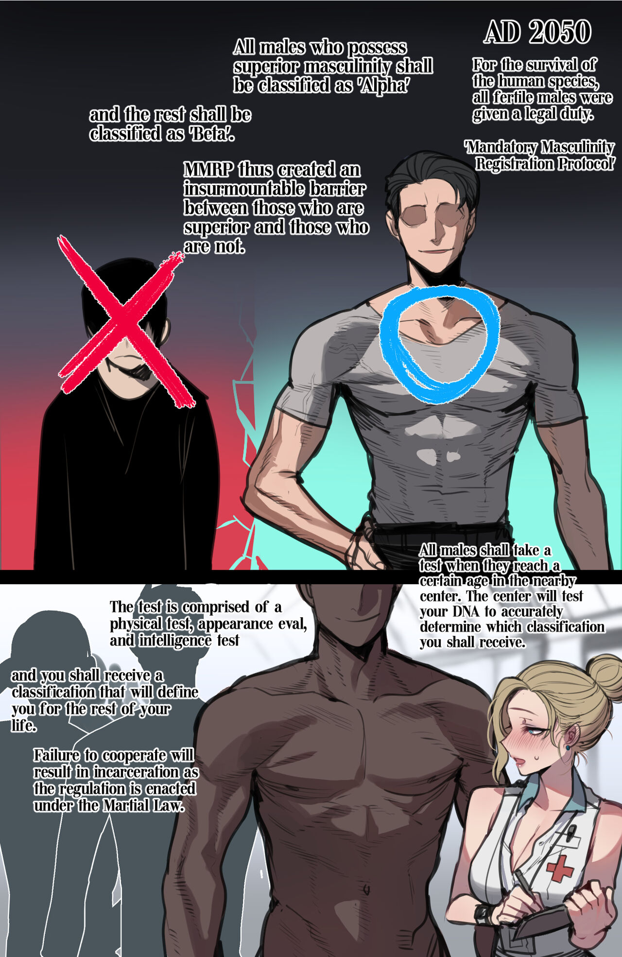 big breasts, blush, breasts, dark skin, dark-skinned male, dystopia, english text, eugenics, female, humiliation, light skin, light-skinned female, light-skinned male, male, muscular, muscular male, nurse, raceplay, ratatatat74, smaller male, text