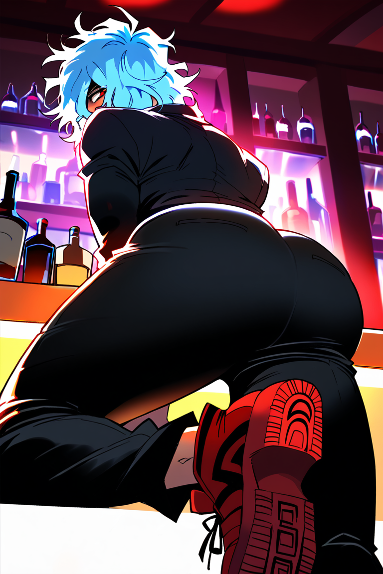 1boy ai_generated ass ass_focus ass_view background big_ass big_ass_(male) big_butt black_clothing black_pants black_shirt boku_no_hero_academia detailed_background full_body fully_clothed gay long_sleeves looking_at_viewer male male_only my_hero_academia red_eyes red_footwear red_shoes shigaraki_tomura tomura_shigaraki yaoi