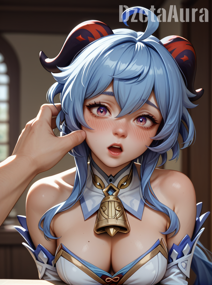 1boy 1girl ahoge ai_generated bangs bare_shoulders bell blue_hair blurry blush breasts cleavage clothing detached_collar detached_sleeves dzetaaura female ganyu_(genshin_impact) genshin_impact goat_horns hair_between_eyes hand_on_another's_face horns indoors large_breasts lips long_hair looking_at_viewer male medium_breasts mole mole_on_breast neck_bell open_mouth pov_hands purple_eyes solo_focus upper_body white_sleeves