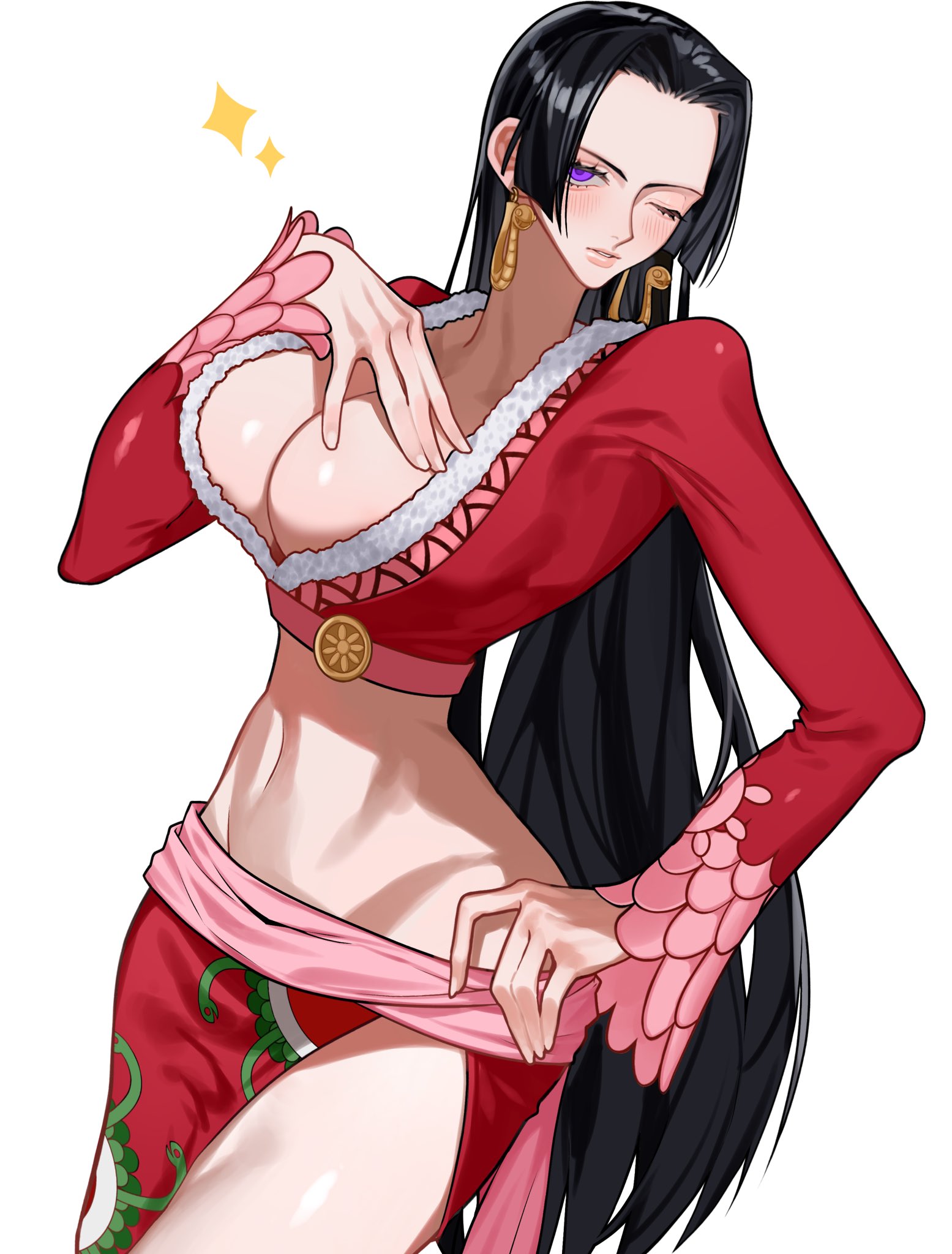 1girls, bare thighs, big breasts, black hair, black-haired female, blush, boa hancock, breasts, clothed, clothing, colored, female, female focus, female only, hi res, inner sideboob, large breasts, light skin, light-skinned female, long hair, looking at viewer, one piece, purple eyes, shounen jump, siokosho kinoko, solo, solo female, tagme, thick thighs