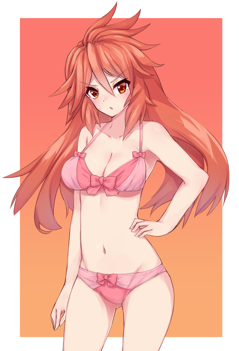 1girls amou_kanade blush bra breasts cleavage clothing female long_hair matching_underwear open_mouth panties pink_bra pink_panties pose red_hair redwaru senki_zesshou_symphogear