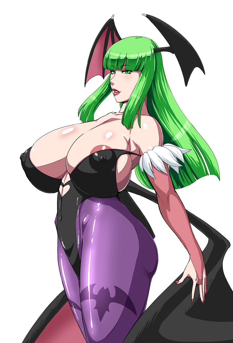 breasts, clothing, darkstalkers, demon, erect nipples, erect nipples under clothes, female, head wings, huge breasts, large breasts, leotard, long hair, ml, morrigan aensland, nipples, pantyhose, smile, solo, succubus
