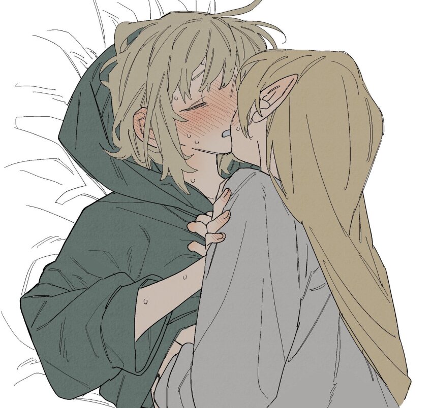 2girls blonde_female blonde_hair dayama female green_hood green_hoodie hoodie kissing making_out pointy_ears yuri