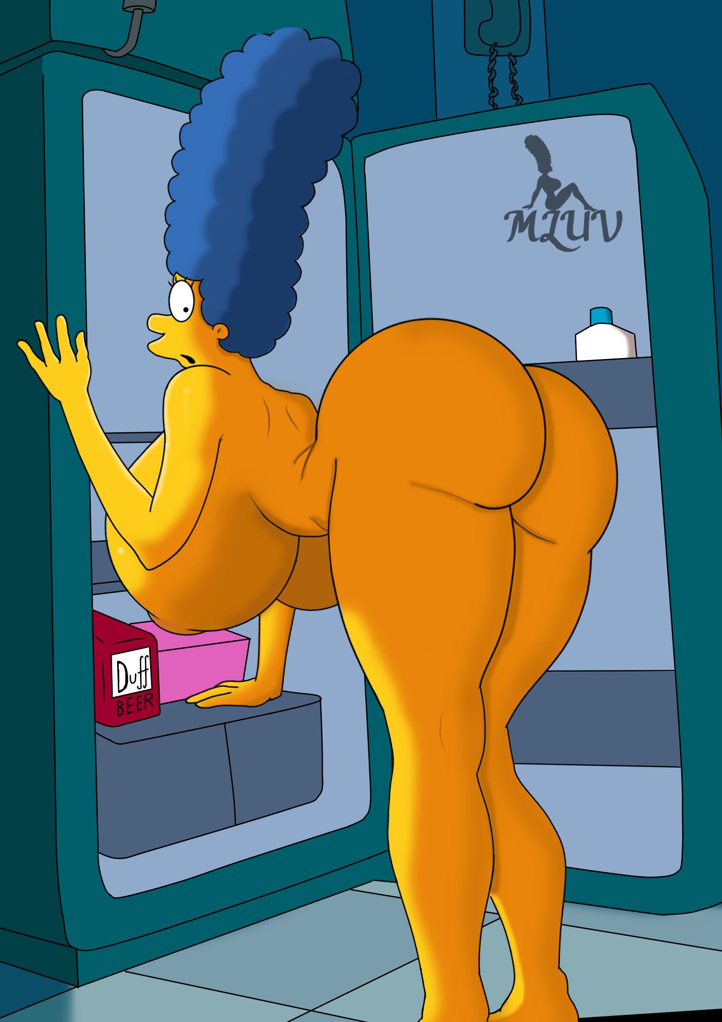 1girls 20th_century_fox 20th_century_studios ass bent_over big_ass big_breasts breasts hair_blue marge_simpson milf mluv refrigerator the_simpsons viewed_from_behind