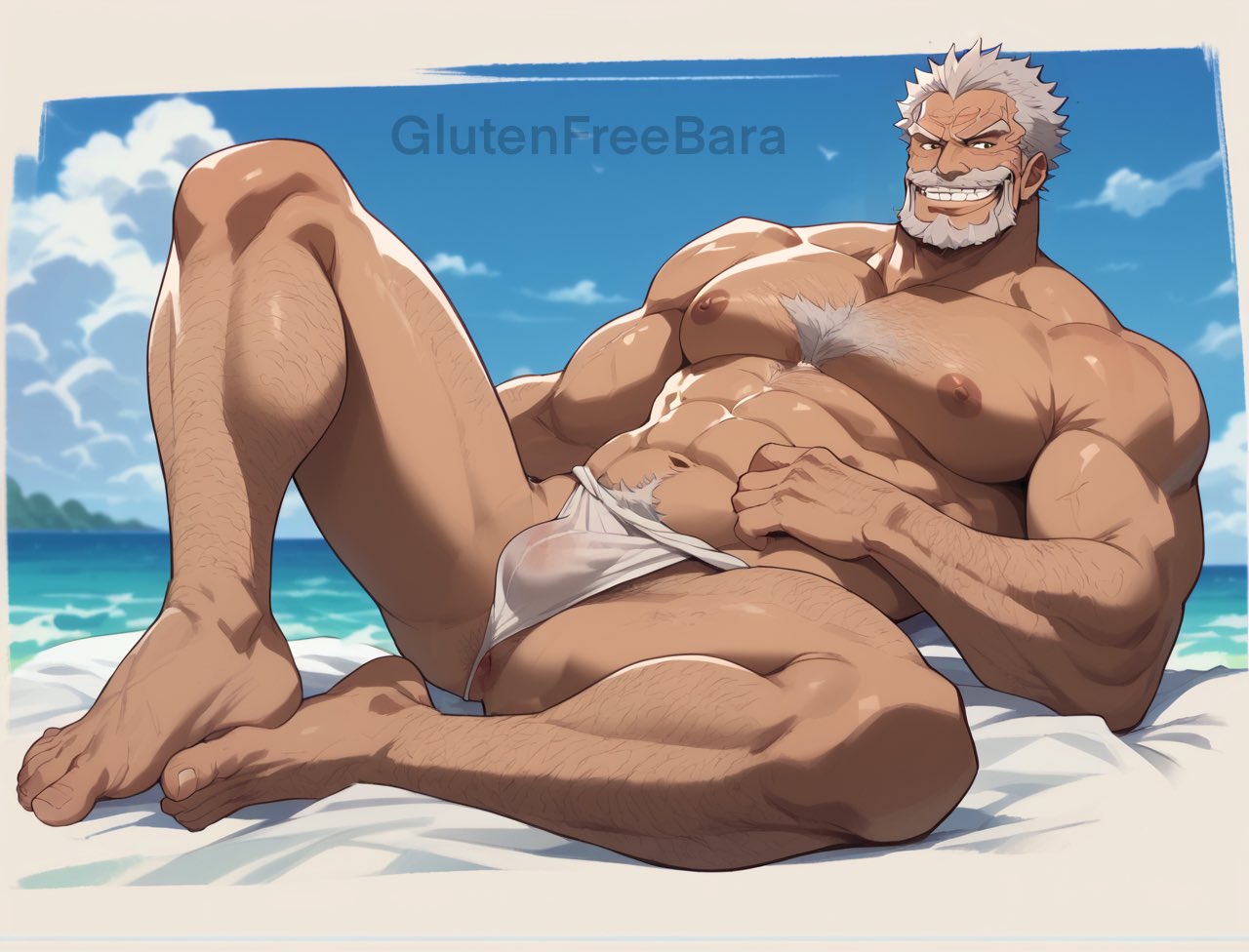 abs ai_generated bara barefoot beard dilf feet fundoshi garp glutenfree_bara lying male_focus male_only monkey_d_garp one_piece outdoors pecs presenting silver_hair tagme topless