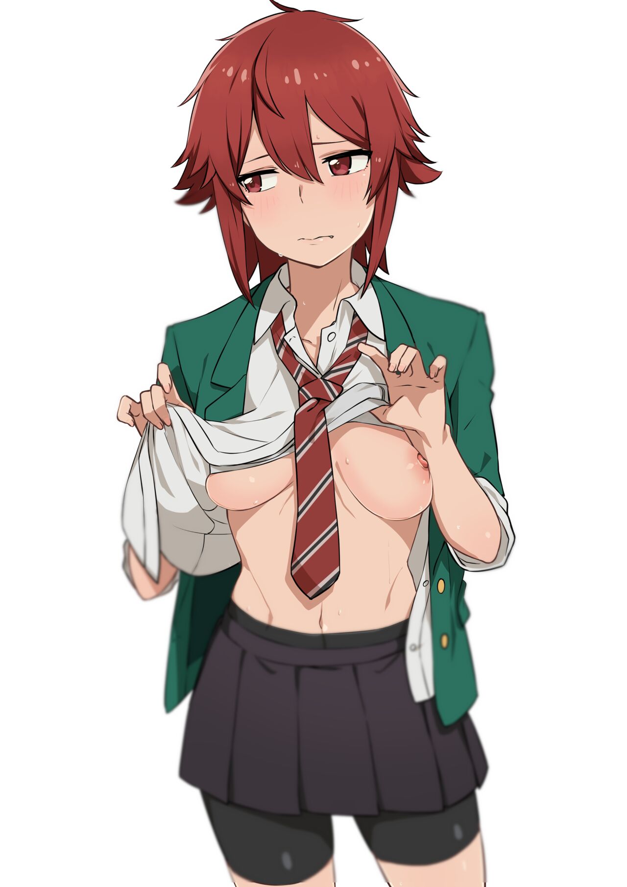 aizawa_tomo bike_shorts blush embarrassed female_focus large_breasts looking_away morisobo one_breast_out red_eyes red_hair school_uniform shirt_lift skirt tie_between_breasts tomboy tomo-chan_wa_onna_no_ko wavy_mouth white_background