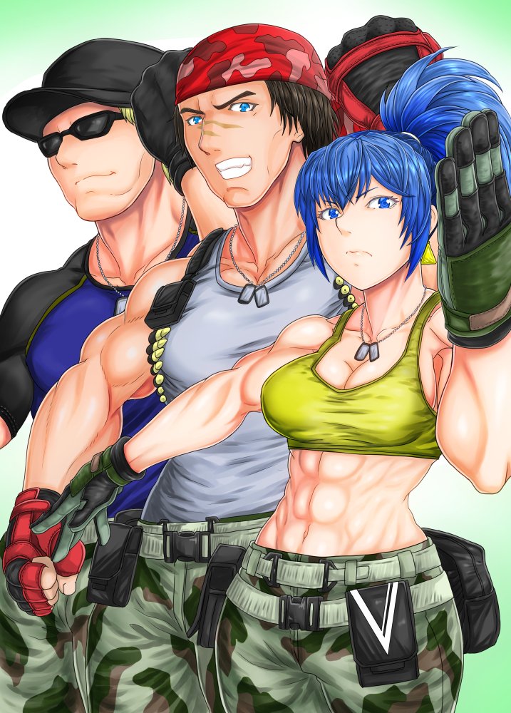 1girls 2boys abs belt big_breasts big_breasts blue_eyes blue_hair brown_hair camouflage clark_still earrings female gloves king_of_fighters leona_heidern light-skinned_female light_skin long_hair military military_clothing military_hat military_uniform muscular ralf_jones tank_top tied_hair