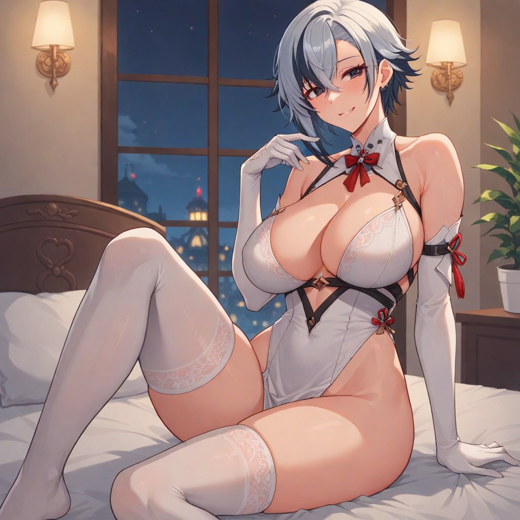 1girls, ai generated, arlecchino (genshin impact), bed, bedroom, big breasts, breasts, commentary request, english commentary, female, female only, genshin impact, hi res, highres, hoyoverse, indoors, light skin, light-skinned female, looking at viewer, milf, mixed-language commentary, mommy, multicolored hair, room, short hair, short-haired female, smile, solo, solo female, thighs, very high resolution