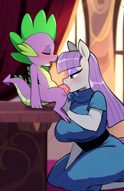 ai_generated anthro anthrofied dragon earth_pony equid equine fellatio female friendship_is_magic furry grey_body grey_fur hasbro horse interspecies male mammal maud_pie_(mlp) my_little_pony pony purple_body purple_skin spike_(mlp)