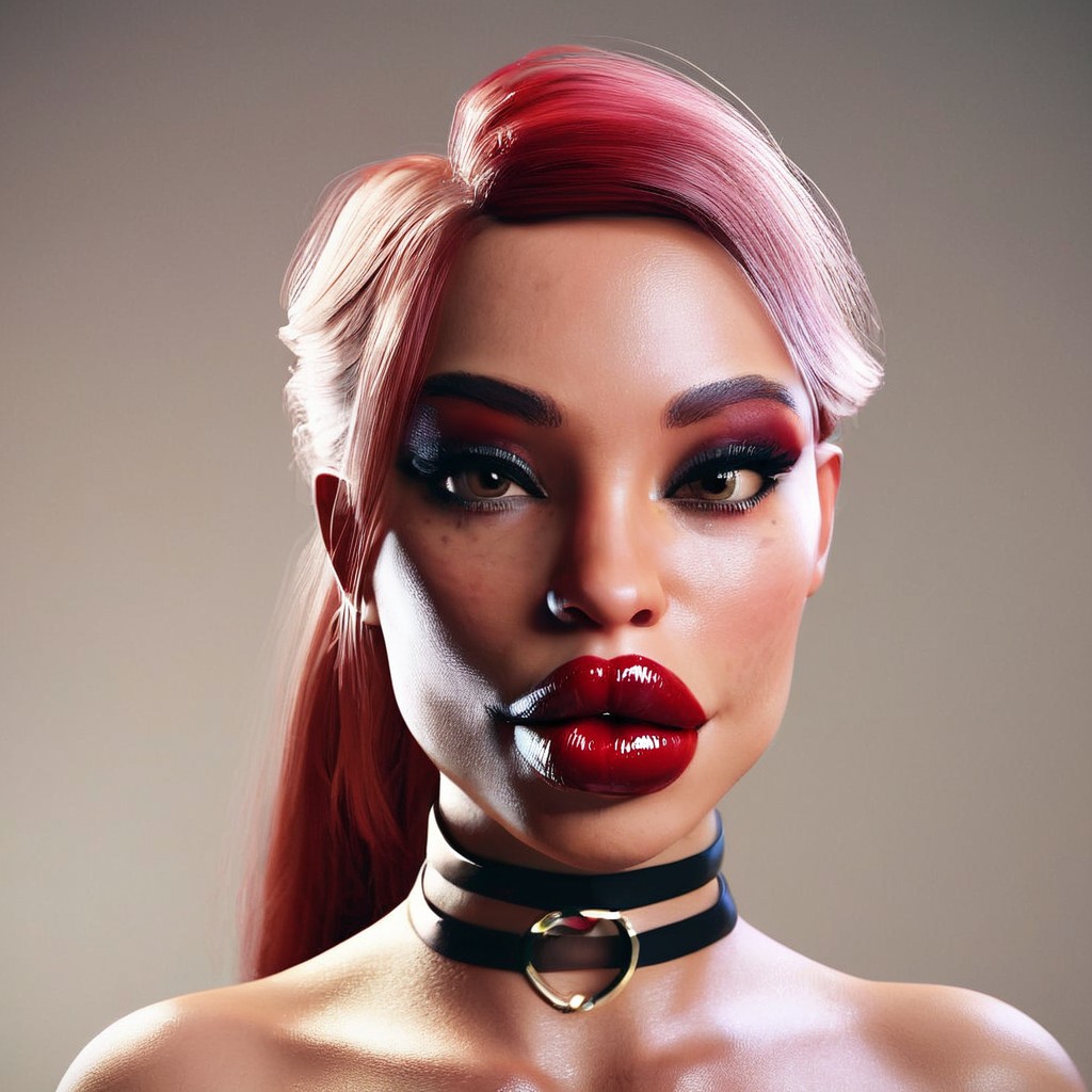 1girls 3d ai_generated bimbo bimbo_lips bimbofication brown_eyes choker grey_background huge_lips original_character red_eyeshadow red_hair red_hair red_lipstick simple_background solo_female thick_eyebrows thick_lips white_skin