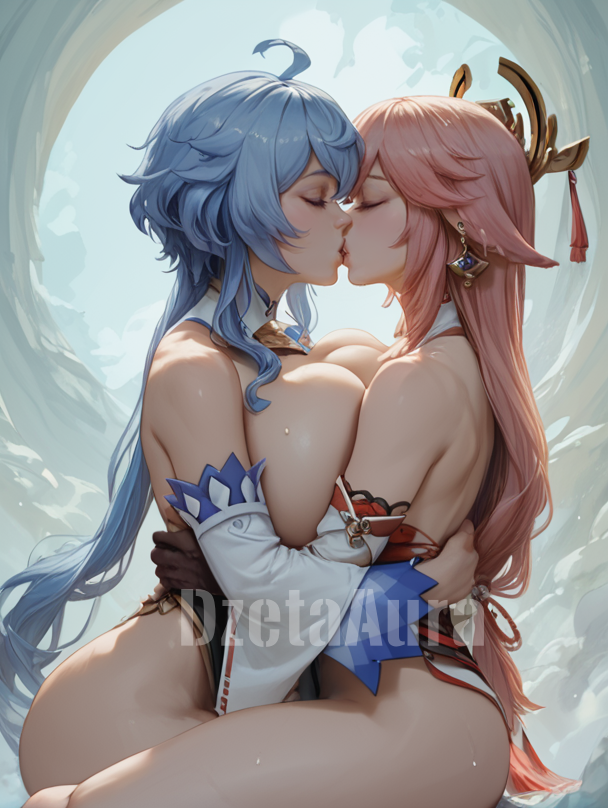 2girls ai_generated animal_ears ass asymmetrical_docking bangs bare_shoulders bell black_gloves blue_hair blush breast-to-breast breast_press breasts clothing detached_collar detached_sleeves dzetaaura earrings embracing eyes_closed female fox_ears french_kiss ganyu_(genshin_impact) genshin_impact gloves goat_horns hair_ornament horns hug jewelry kiss large_breasts long_hair long_sleeves low-tied_long_hair missing_horn multiple_girls pink_hair rnahoge rnai-created rnyuri sidelocks sitting sweat symmetrical_docking thighs tied_hair very_long_hair vision_(genshin_impact) water wet white_sleeves wide_sleeves yae_miko