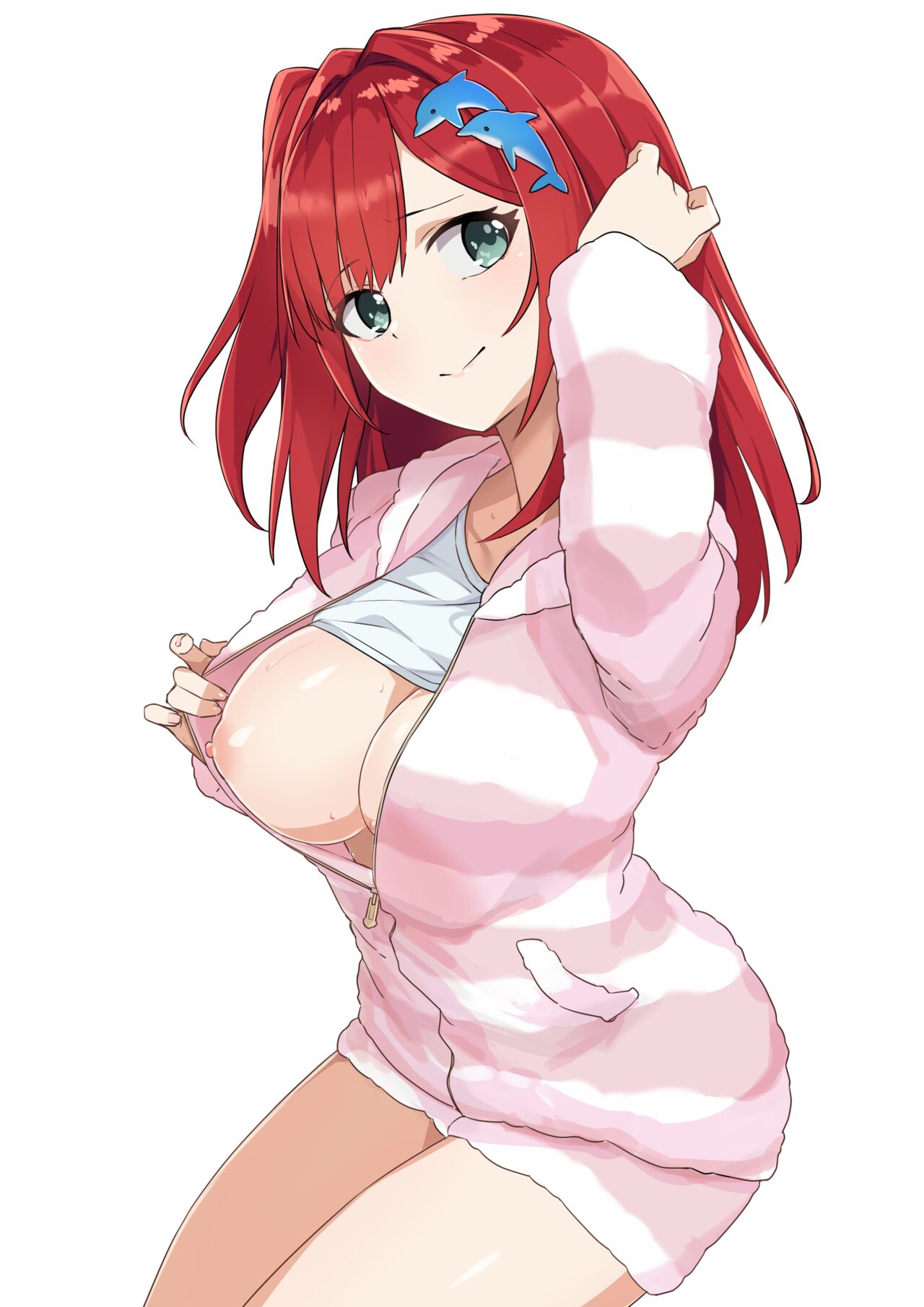 adjusting_hair dolphin_tail dolphin_wave female_focus green_eyes large_breasts long_hair morisobo one_breast_out_of_clothes open_shirt red_hair sakimiya_iruka shirt_lift smile