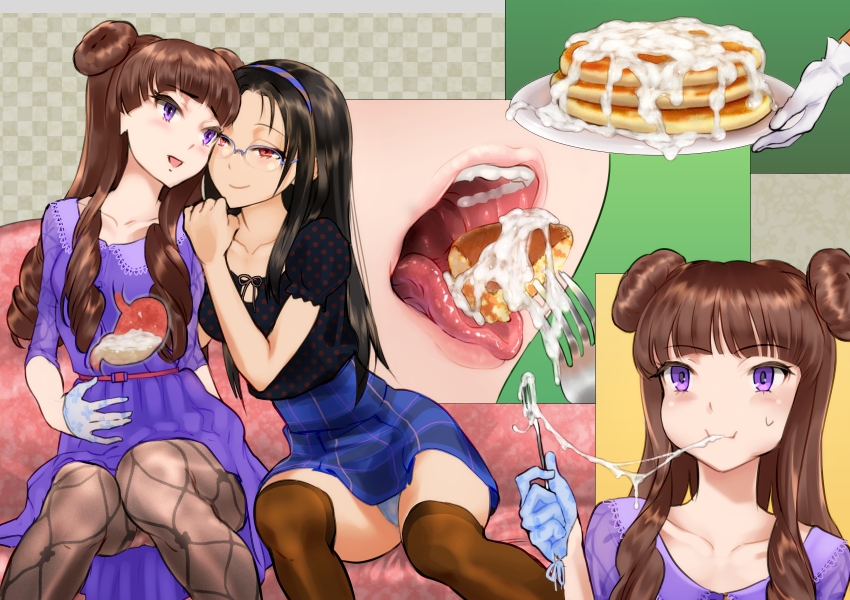 2girls cum_in_mouth cum_on_food dokiyuri eating_cum eating_food puncakes stomach_filled_of_cum