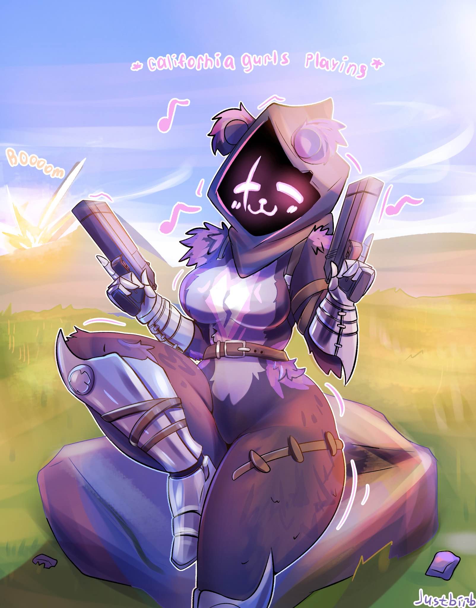 anthro_only artist_name background bear big_thighs blush breasts explosion fortnite gun guns high_resolution highres holding_gun justbirb music_note nature_background onomatopoeia raven_team_leader raven_team_leader_(fortnite) rock sigma singing sitting_on_rock tagme thick_thighs thighs