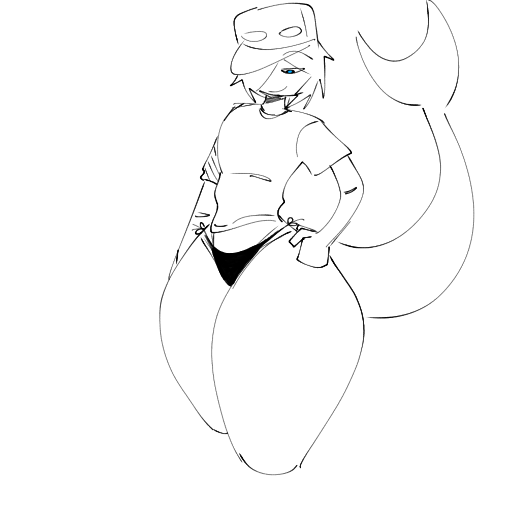 bad_anatomy bad_quality black_underwear blue_pupils cap femboy hand_on_hip one_eye_covered orca_humanoid smile tail thick_thighs white_background white_shirt wth_is_kilometer