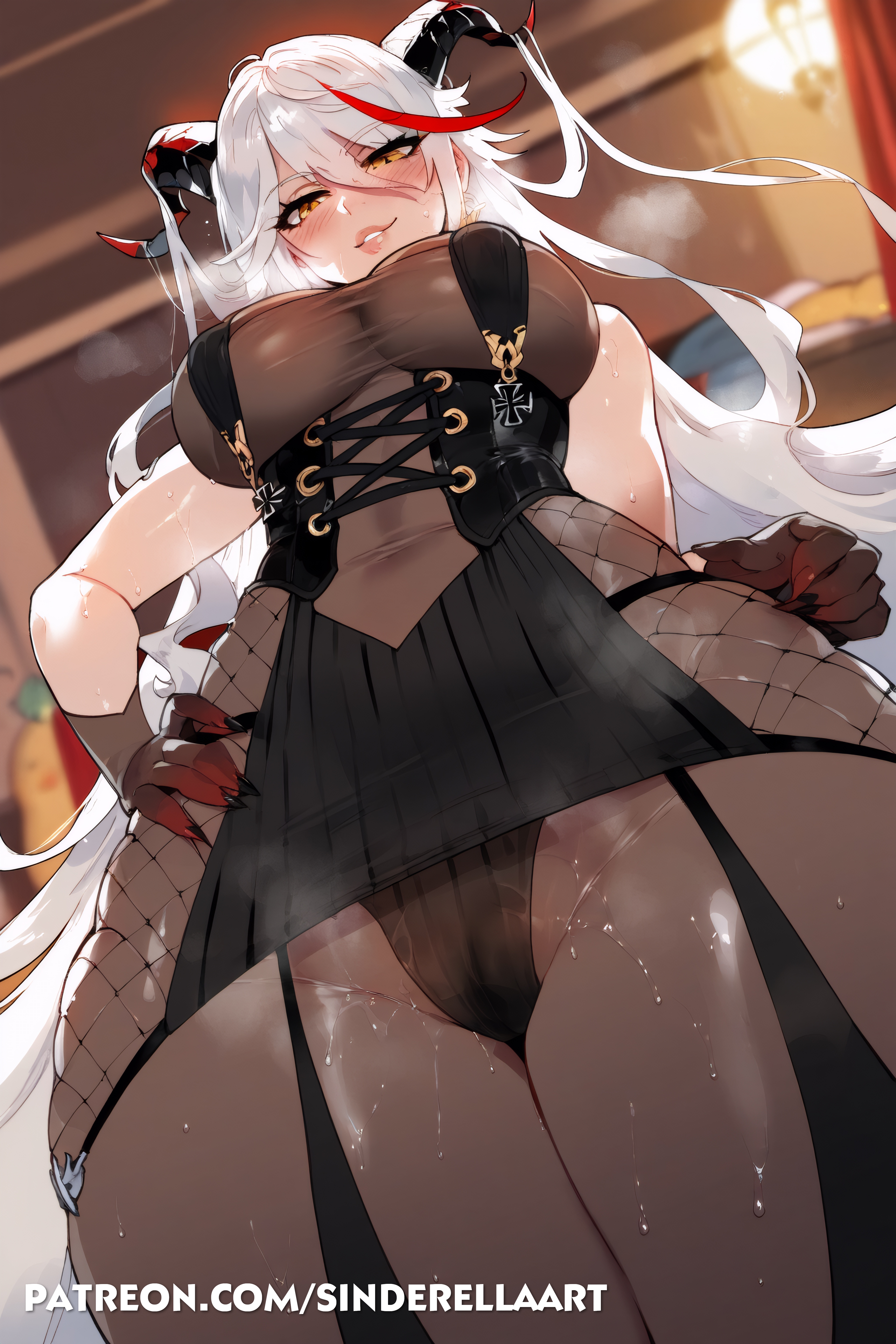 aegir (azur lane), ai generated, azur lane, breasts, female, female only, huge breasts, large breasts, looking at viewer, sinderellaart, solo, thick, viewed from below, white hair