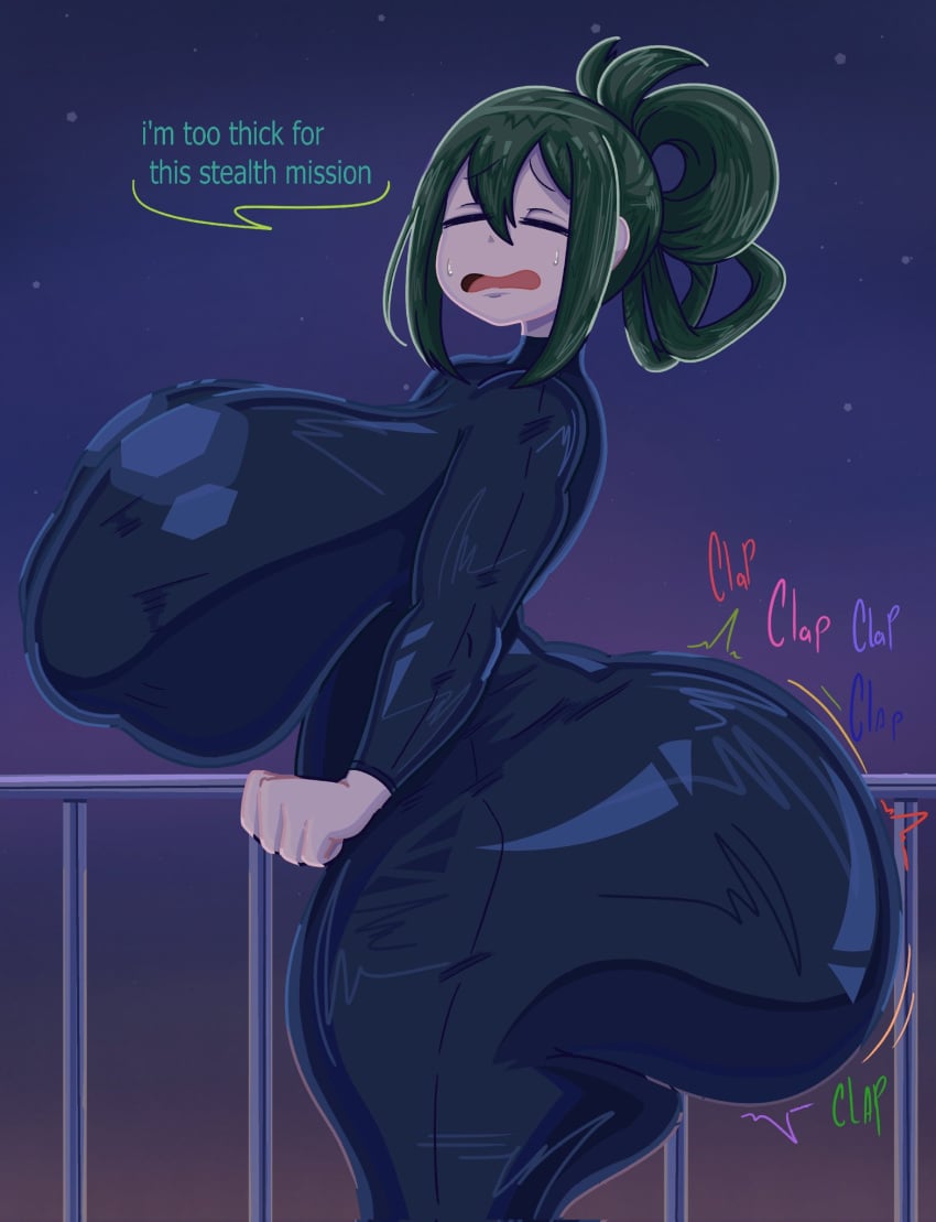 1girls ass ass_clapping ass_focus big_breasts bodysuit breasts breasts_bigger_than_head bubble_butt closed_eyes dialogue female female_only frog_girl green_hair hair_bun hero_outfit_(mha) heroine huge_breasts human inakotho involuntary_twerking large_ass large_breasts my_hero_academia night night_sky outdoors pale-skinned_female pale_skin railing shounen_jump skin_tight speech_bubble stars sweat sweaty teenage_girl teenager thick_thighs tsuyu_asui twerking