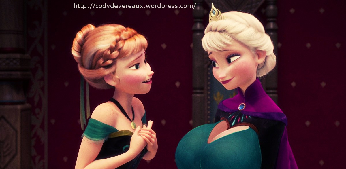 2girls, 3d, alternate breast size, anna (frozen), big breasts, bimbo, braid, breasts, busty, cape, cleavage, cleavage cutout, clothed, codydevereaux, disney, edit, elsa (frozen), eyeshadow, female, frozen (film), huge breasts, lipstick, makeup, screenshot, screenshot edit, siblings, sisters, small breasts, tagme, voluptuous