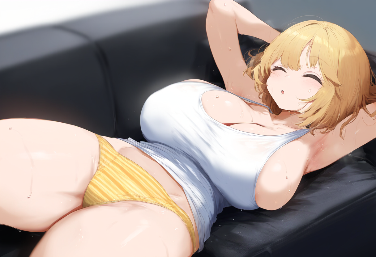 ai generated, ameanon, big breasts, blonde hair, breasts, cleavage, closed eyes, female, hololive, hololive english, hololive myth, huge breasts, large breasts, on back, on couch, panties, sideboob, striped panties, sweat, tank top, thick thighs, virtual youtuber, vtuber, watson amelia, yellow panties
