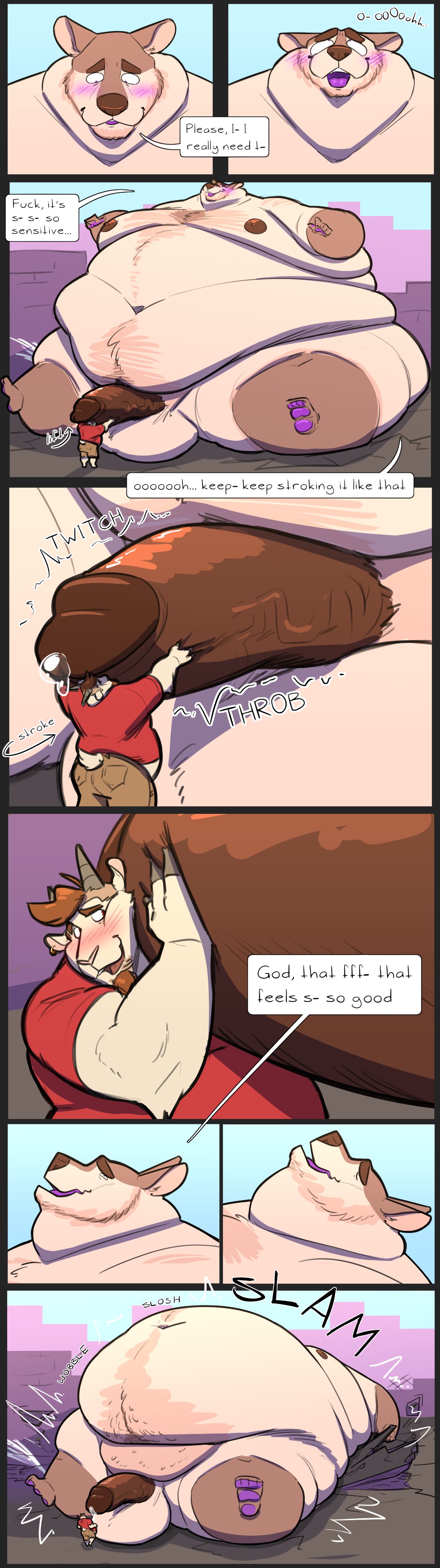 2_horns 4_toes 5_fingers 8_panel_comic absurd_res anthro areola arrow_sign balls belly bent_arm big_belly big_moobs blue_sky blush blushing_profusely bodily_fluids bottomwear bovid brown_areola brown_body brown_bottomwear brown_clothing brown_eyebrows brown_fur brown_hair brown_nipples brown_nose brown_penis brown_shorts canid canine canis caprine cheek_tuft city cityscape clothed clothed/nude clothed_anthro clothed_male clothing colored comic cracked_ground day destruction dialogue digital_media_(artwork) domestic_dog donovan_(lizard_soup) double_chin duo ear_piercing ear_ring english_text erection extreme_size_difference eyebrows facial_tuft falling_back fangs feet fingers fur genital_fluids genitals goat grey_horn hair hi_res holding_penis hooved_fingers hooves horn huge_thighs interspecies james_(lizard_soup) larger_male lizard_soup looking_down looking_pleasured lying macro male male/male mammal moobs morbidly_obese morbidly_obese_anthro morbidly_obese_male multicolored_body multicolored_fur navel nipples nude nude_anthro nude_male obese obese_anthro obese_male on_back open_mouth open_smile outside overweight overweight_anthro overweight_male pawpads paws penis piercing pink_tongue pockets precum profanity purple_blush purple_mouth purple_pawpads red_clothing red_shirt red_t-shirt red_topwear ring_piercing shaded shirt shorts simple_background simple_shading sitting size_difference sky slam smaller_male smile speech_bubble standing stroking_penis t-shirt talking_to_another talking_to_partner tan_balls tan_body tan_fur teeth text thick_eyebrows thick_thighs throbbing throbbing_penis toes tongue topwear tuft two_tone_body two_tone_fur vein veiny_penis white_body white_fur