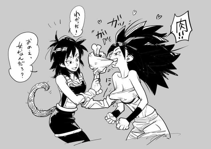 2girls, artist request, battle armor, big breasts, breast fondling, breast grab, breast squeeze, breasts, busty, caulifla, cleavage, dragon ball, dragon ball super, female, food, gine, meat, milf, multiple females, multiple girls, saiyan, saiyan tail, translation request, voluptuous, yuri