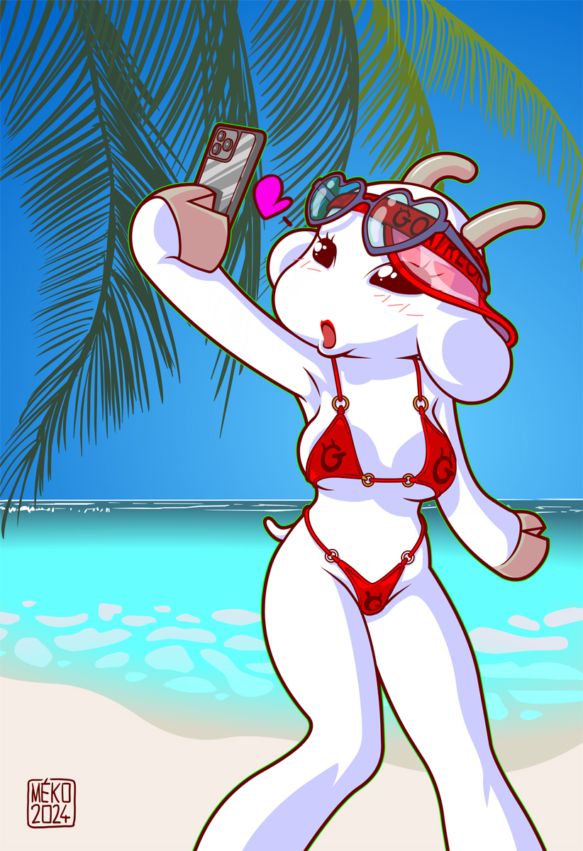 breasts bunny_maloney charlotte_(bunny_maloney) clothing goat goat_horns hooves horn horns phone selfie swimsuit swimwear tagme