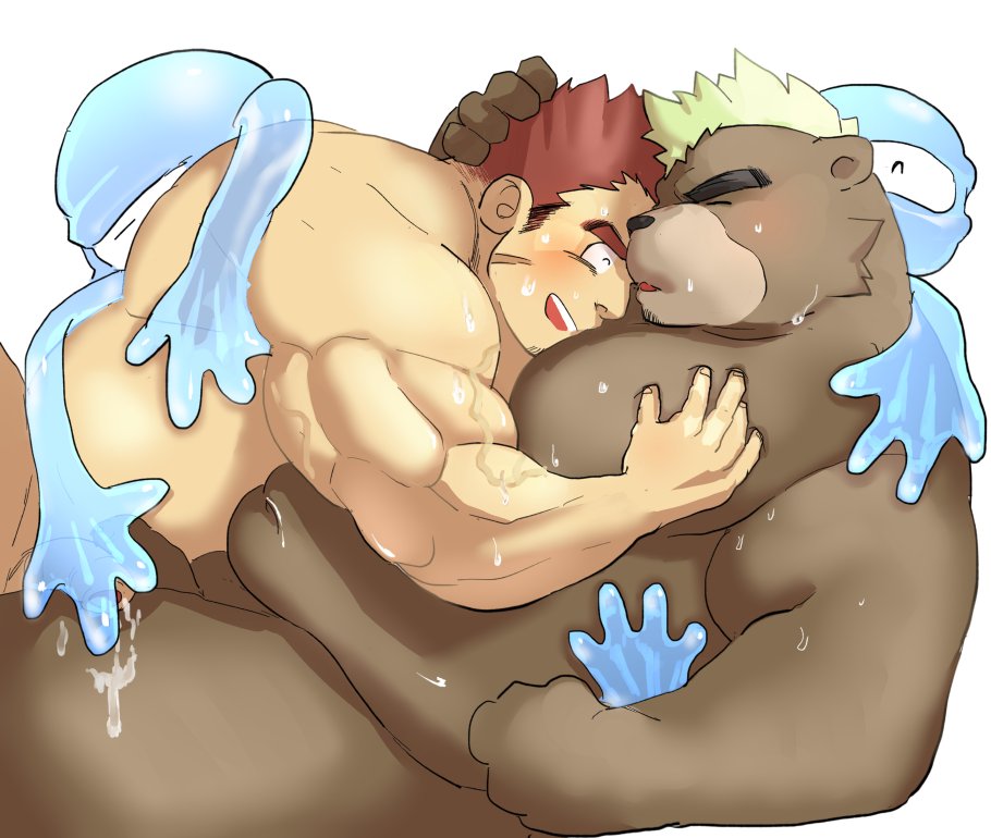 adorable after_sex anthro ashigara bear blush brown_fur cuddling cum cum_drip cum_dripping cum_dripping_from_penis cum_on_body cute gay green_hair gunzo_(tokyo_afterschool_summoners) happy happy_eyes holding_penis hugging human human_on_anthro interspecies isuckusuck lying_on_person male male_only mammal mohawk red_hair scar scar_on_face slime stubble sweat sweatdrop sweating tired tired_eyes tokyo_afterschool_summoners wholesome yaoi