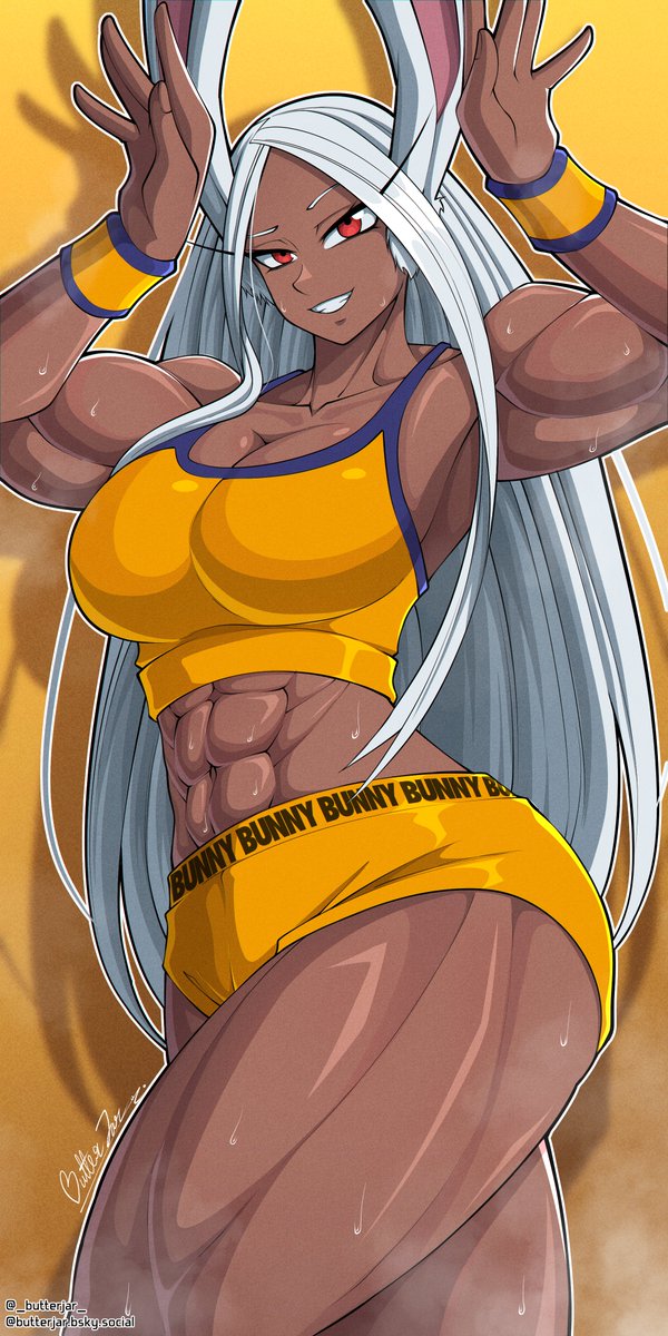 1girls 2d 2d_(artwork) anime athletic athletic_female big_breasts boku_no_hero_academia breasts butterja dark-skinned_female dark_skin female female_focus female_only long_hair manga miruko muscular muscular_female my_hero_academia red_eyes rumi_usagiyama sweat sweating thick_thighs thighs toned toned_female usagiyama_rumi white_background white_hair white_hair_female