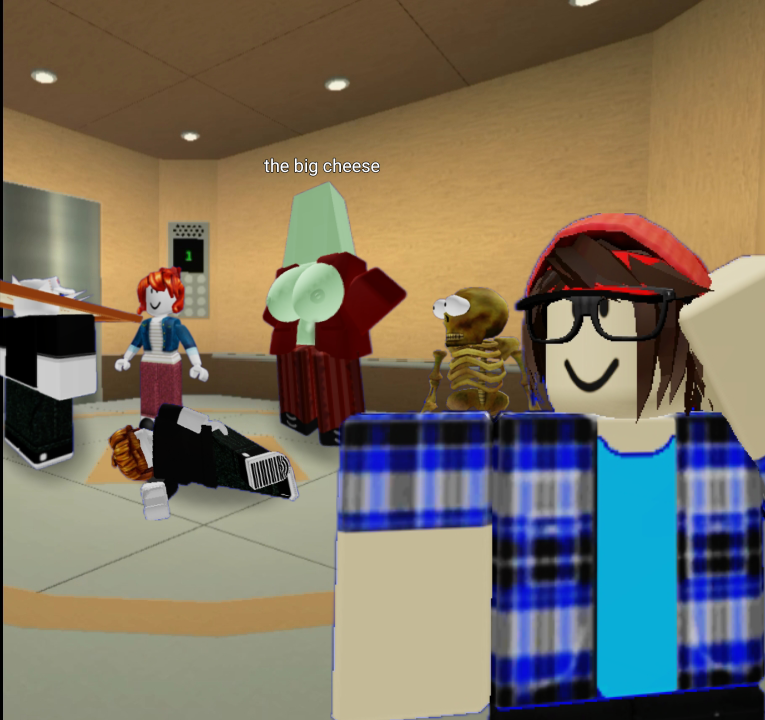 3d acorn_hair bacon_hair boobs_out edited meme_reference pale_skin people_in_background roblox robloxian scratching_head skeleton tagme the_big_cheese the_normal_elevator wide_eyed