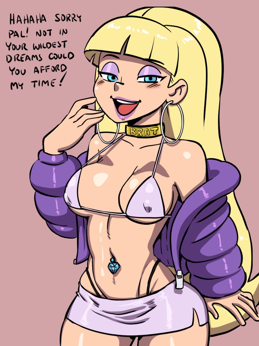 1girls bangs big_breasts bikini blonde_hair blue_eyes choker darkeros13 gravity_falls hoop_earrings huge_breasts jacket jacket_open large_breasts laugh light-skinned_female makeup mocking navel_piercing pacifica_northwest prostitution skirt smirk text very_long_hair whore wide_hips