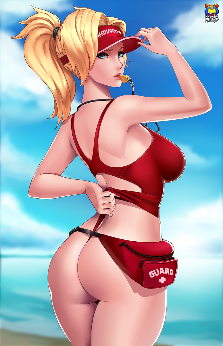 ass, blonde hair, blue eyes, breasts, cleavage, female, female only, kyoffie, looking at viewer, mercy, overwatch, solo